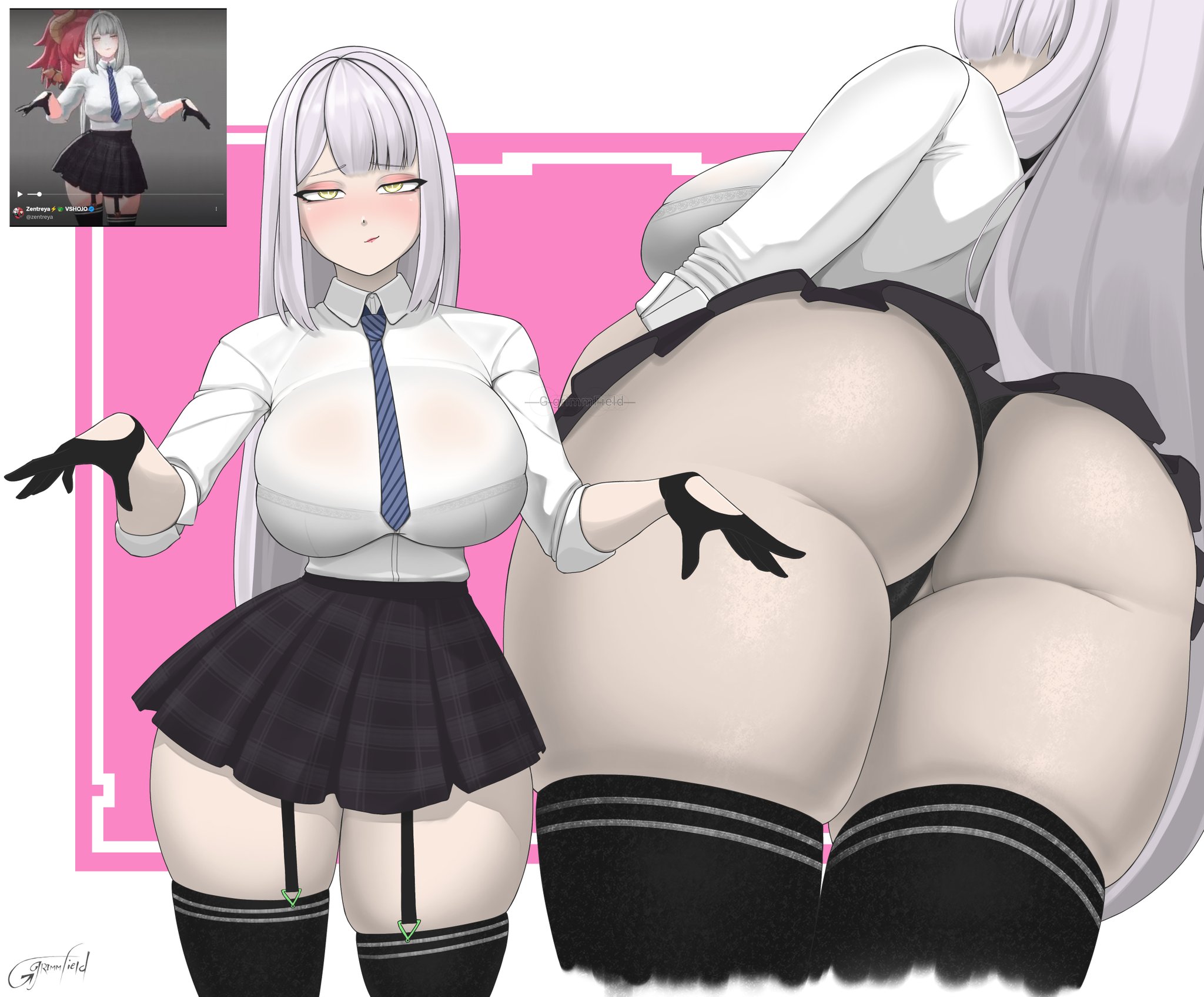 1girls, ass, big ass, big breasts, blush, breasts, clothed, female, from below, garter straps, ggrimmfield, gloves, huge breasts, looking at viewer, panties, reference image, see-through, short skirt, skirt, solo, thick thighs, thigh highs, thighhighs, tie, upskirt, virtual youtuber, vshojo, white hair, white shirt, yellow eyes, zentreya, zentreya (cyborg)