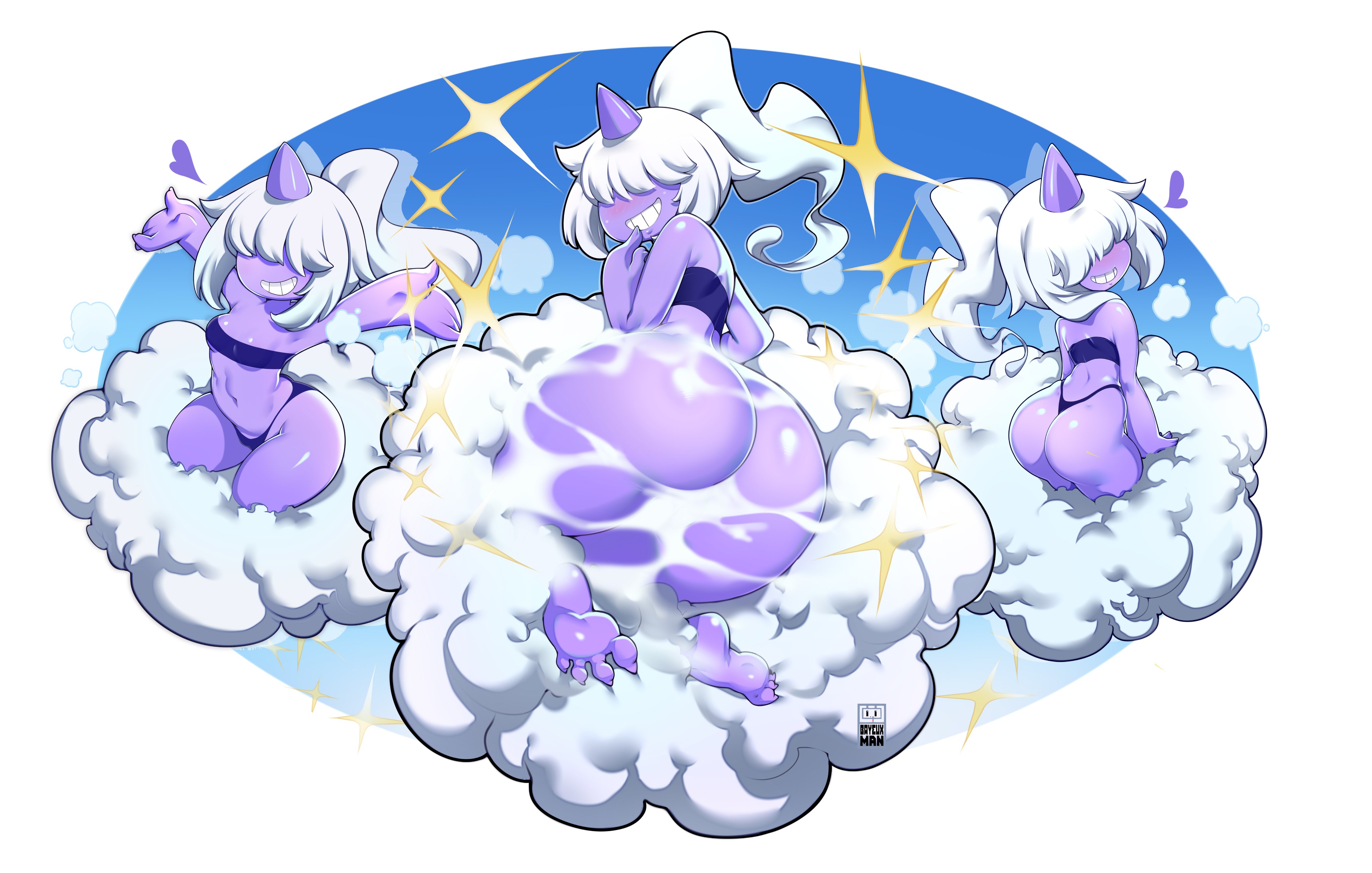 3girls, ass, bayeuxman, big ass, bubble ass, bubble butt, dazzi (pal), female, female only, long hair, multiple females, multiple girls, pal (species), palworld, pocketpair, ponytail, purple body, purple skin, white hair
