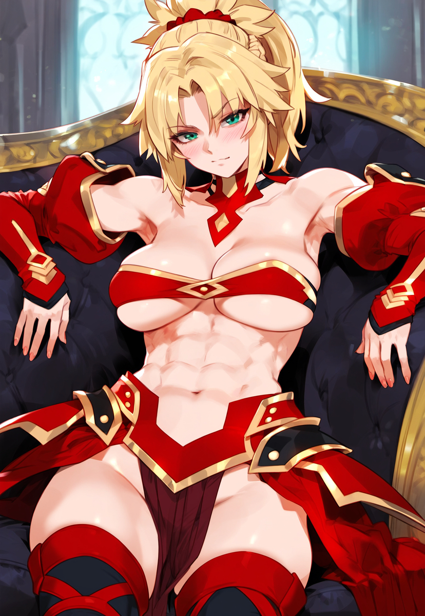 1girls, abs, ai generated, bare shoulders, bare thighs, big breasts, blonde hair, blue eyes, blush, bra, breasts, clothed, clothing, color, fate (series), female, female focus, female only, hi res, large breasts, light skin, light-skinned female, long hair, looking at viewer, mordred (fate), muscles, muscular, muscular female, nipples visible through clothing, solo, solo female, tagme, thick thighs, tomboy, truck kun