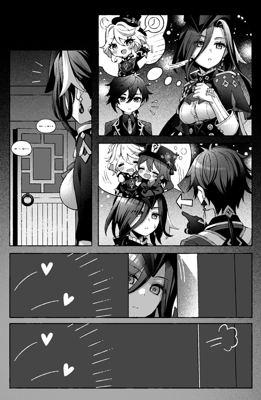 1boy, 3girls, blush, breasts, caught, caught in the act, clorinde (genshin impact), closed eyes, clothed, clothing, comic, female, french female, furina (genshin impact), genshin impact, greyscale, hat, heart, hu tao (genshin impact), implied sex, male, mihoyo, monochrome, open mouth, opening door, pointing, sweatdrop, thought bubble, yuri, zhongli (genshin impact)
