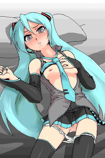 aqua_hair black_legwear black_thighhighs blue_eyes blush bra bra_lift breasts detached_sleeves female hatsune_miku katakata_un lingerie long_hair lying miniskirt necktie nipples oekaki on_back panties panty_pull pleated_skirt pussy skirt solo straight_hair striped striped_panties thighhighs tie tied_hair twintails underwear very_long_hair vest vocaloid white_panties zettai_ryouiki