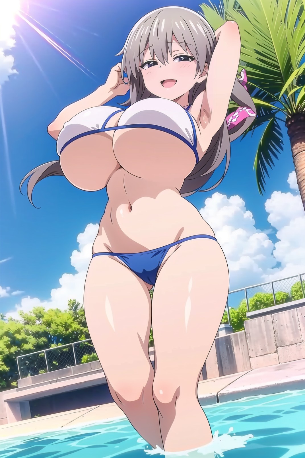 ai_generated ailucius777 big_breasts bikini gray_hair jumping large_breasts long_hair pool smiling sunshine underwear uzaki-chan_wa_asobitai! uzaki_tsuki wide_hips