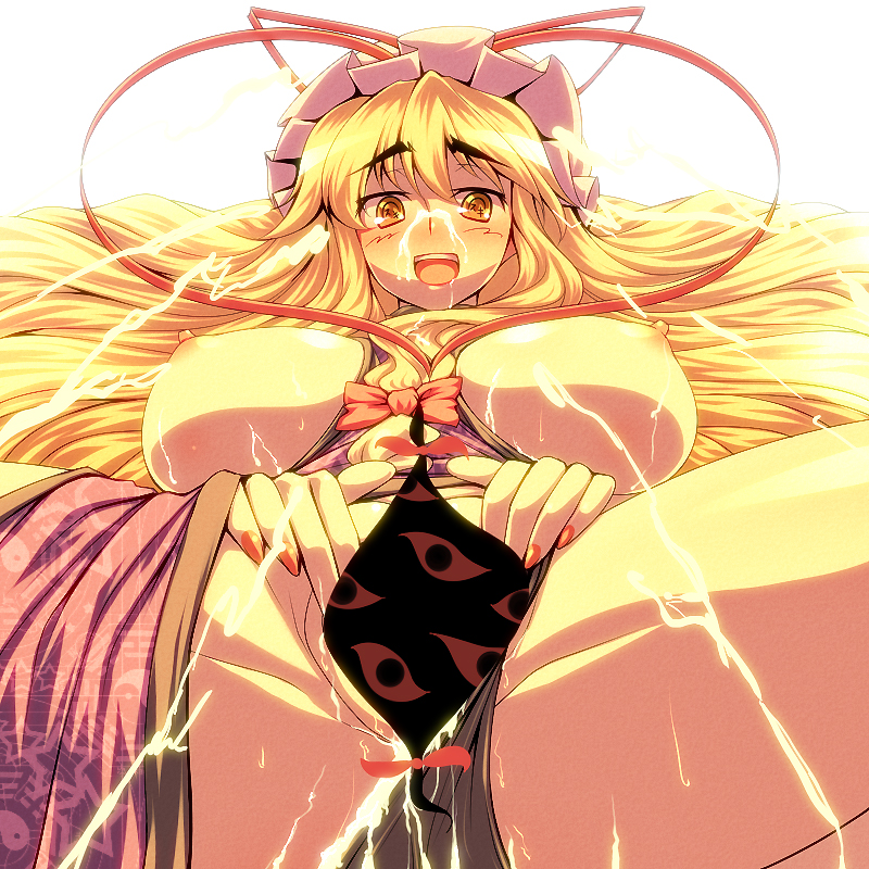 1girls blonde_hair bow breasts censored convenient_censoring cum eyebrows facial female gap hairbow hat huge_breasts long_hair nail_polish panties panties_aside pussy solo spread_pussy straight_hair symbol-shaped_pupils text_in_eyes touhou tro underwear yellow_eyes yukari_yakumo