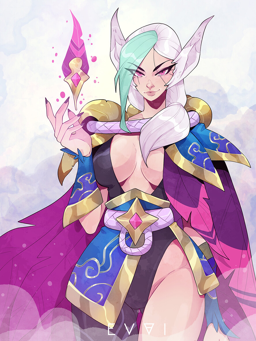 1girls curvaceous curvy curvy_body curvy_female curvy_figure emmanuel_viola evviart female female female_only green_hair hourglass_figure league_of_legends light-skinned_female light_skin multicolored_hair pink_eyes riot_games solo solo_female voluptuous voluptuous_female white_hair xayah