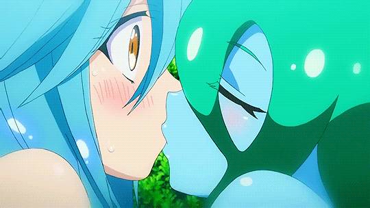 2d, 2girls, animated, blue hair, female, kissing, loop, monster musume no iru nichijou, multiple females, multiple girls, papi (monster musume), suu (monster musume), yuri