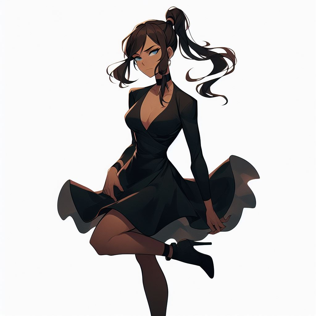 1girls, ai generated, alternate costume, avatar legends, black dress, black heels, blue eyes, brown hair, choker, cleavage, cocktail dress, dark skin, dark-skinned female, dress, female, full body, heels, high heels, korra, plunging neckline, ponytail, smile, the avatar, the legend of korra, water tribe