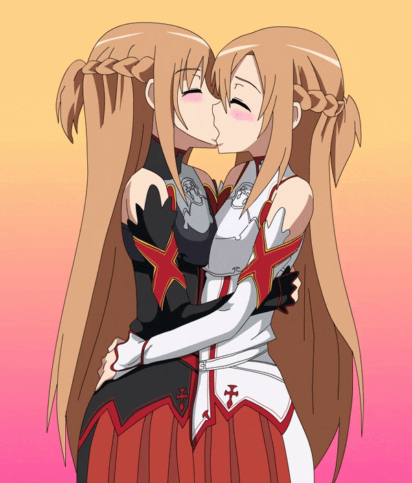 2girls, alternate costume, animated, artist request, female, kissing, loop, multiple females, multiple girls, multiple persona, selfcest, simple shading, sword art online, yuri, yuuki asuna
