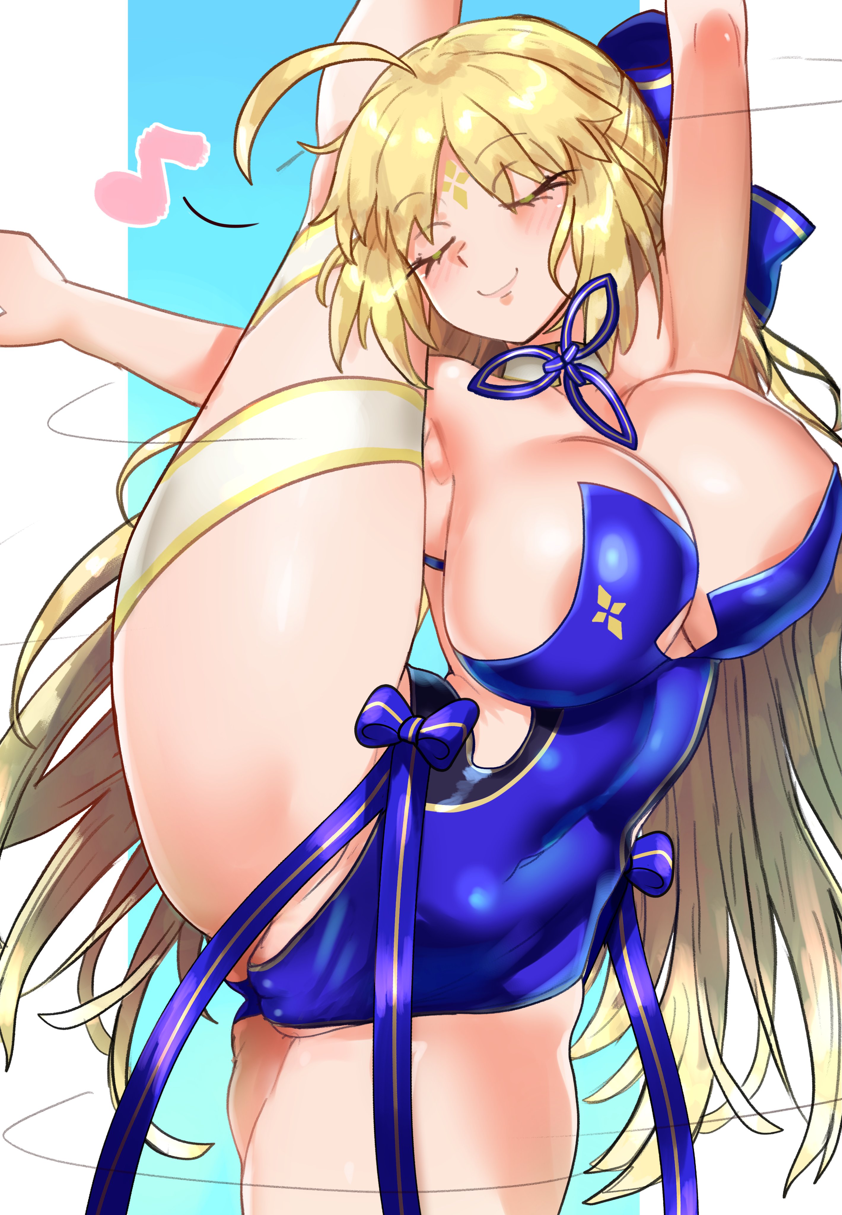 1girls, artoria pendragon, artoria pendragon (caster), blonde hair, breasts, ebora, fate (series), fate/grand order, female, flexible, green eyes, hi res, highleg leotard, hips, huge breasts, leotard, long hair, smile, thick thighs, thighs, wide hips, youngmanisdown