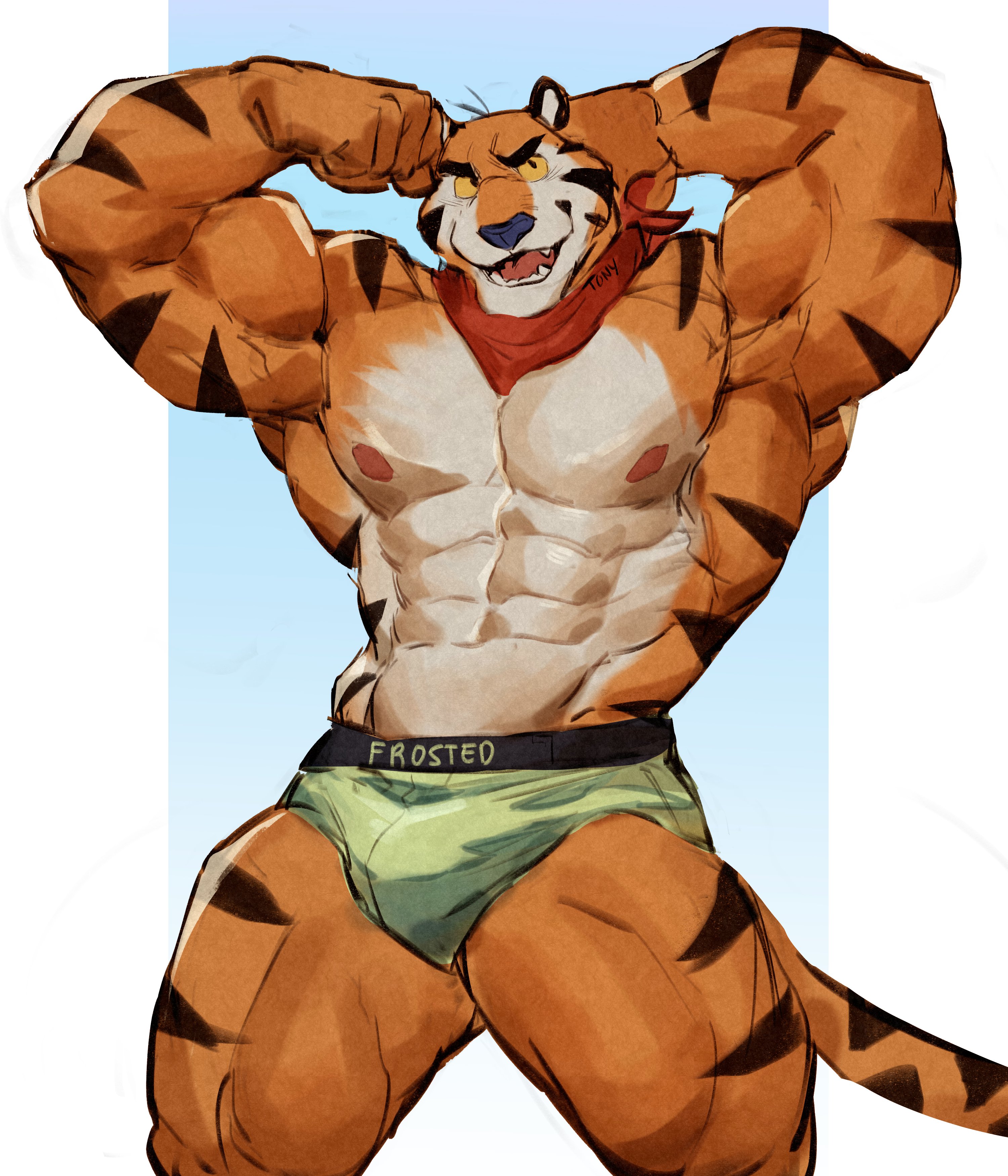 1boy, anthro, armpits, biceps, briefs, bulge, feline, flexing, furry, furry only, gay, green underwear, kellogg's, male, male underwear, mammal, muscles, muscular, nipples, o reowoof, orange eyes, orange fur, pecs, reolixious, solo, solo male, tiger, tony the tiger, underwear
