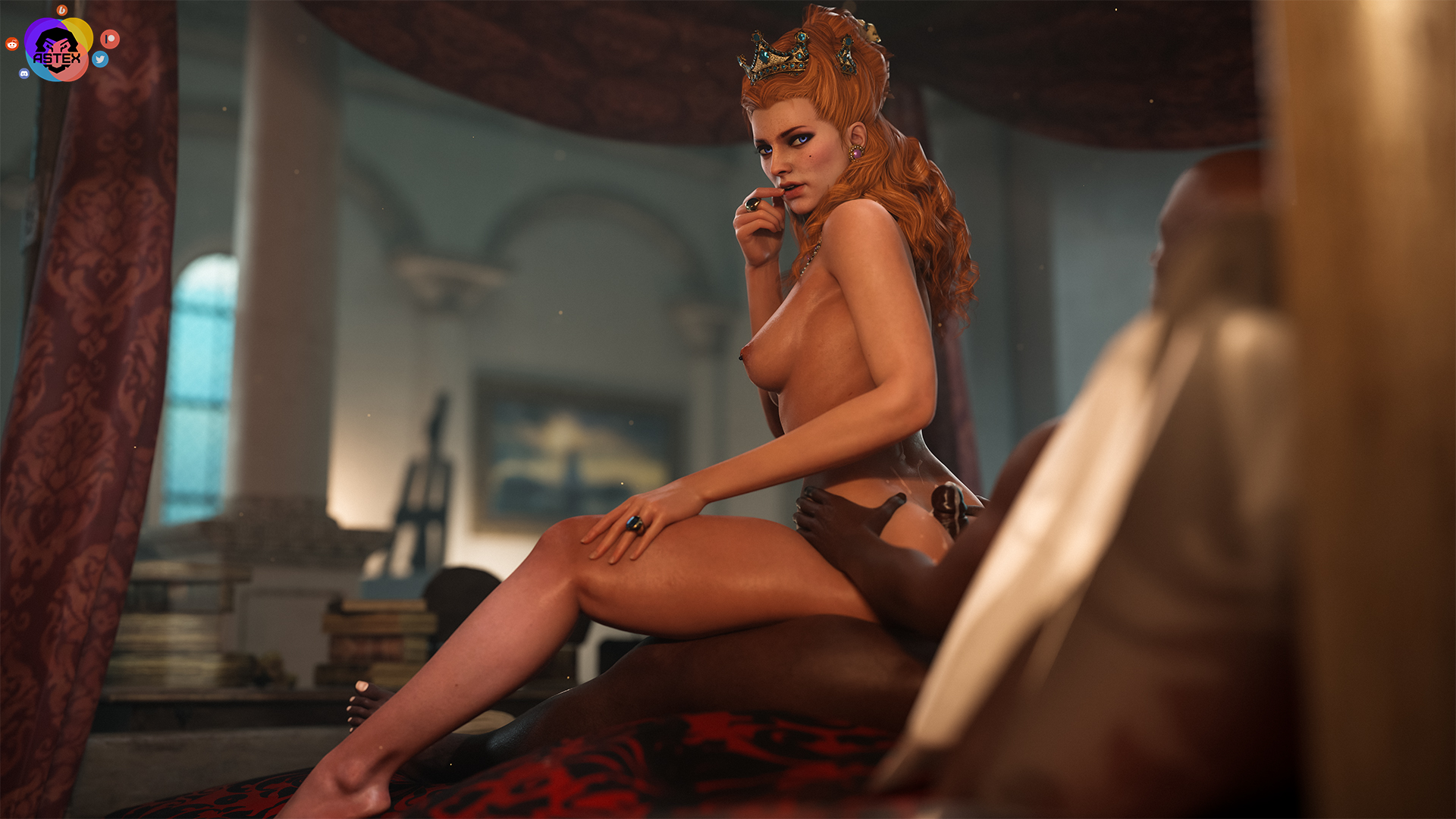 1boy, 1girls, 3d, anna henrietta, areolae, ass, ass focus, ass grab, assjob, astex, breasts, butt focus, butt grab, buttjob, cd projekt red, crown, cum, cum on ass, cum on butt, dark skin, dark-skinned male, female, indoor, interracial, light skin, light-skinned female, male, naked, naked female, nipple piercing, nipples, nude, nude female, on bed, piercing, the witcher (series), the witcher 3: wild hunt