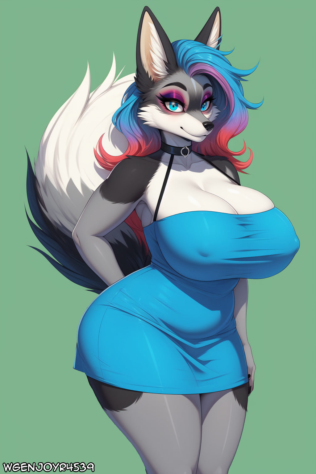 ai_generated anthro big_breasts black_lips black_nose blue_dress blue_eyes blue_hair breasts canid canine canis choker cleavage curvy dress dyed_hair edited eyelashes eyeshadow fur furry furry_female gray_fur green_background grey_fur hand_behind_back hand_on_thigh huge_breasts inner_ear_fluff jackal jackal_ears large_breasts long_hair looking_at_viewer makeup purple_hair red_hair short_dress simple_background snout stable_diffusion two_tone_fur voluptuous wgenjoyr4539 white_fur wide_hips