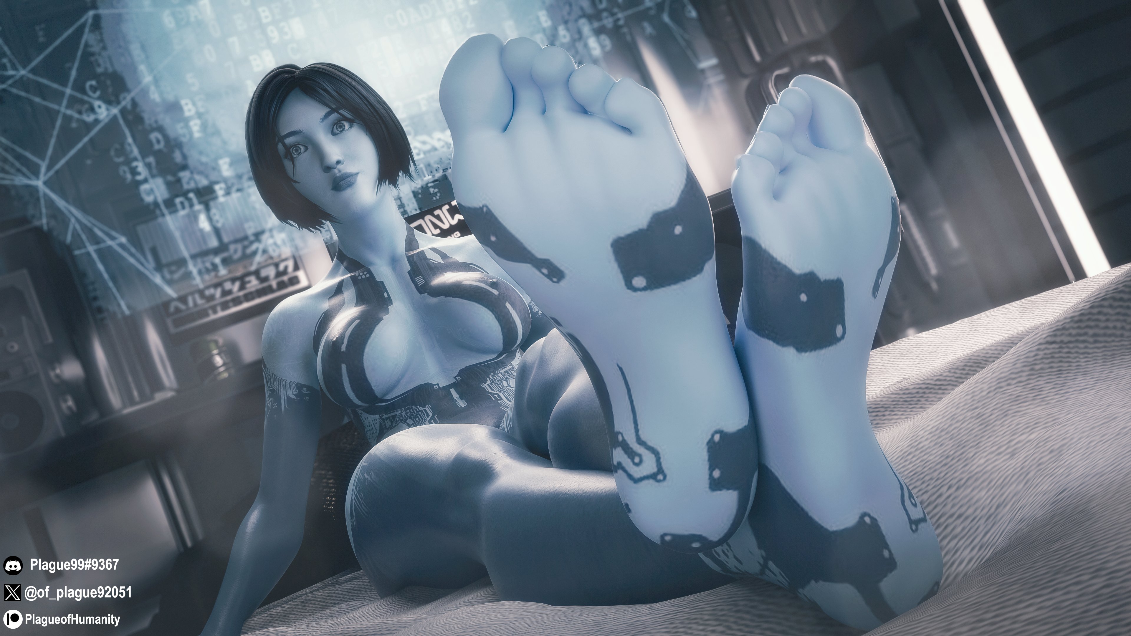 3d, 3d (artwork), 4k, barefoot, blender, blender (software), blue body, blue skin, bob cut, cortana, feet, female, foot fetish, foot focus, halo (series), high resolution, highres, looking at viewer, lying on bed, plague of humanity (artist), soles, solo, solo female, toes, video games