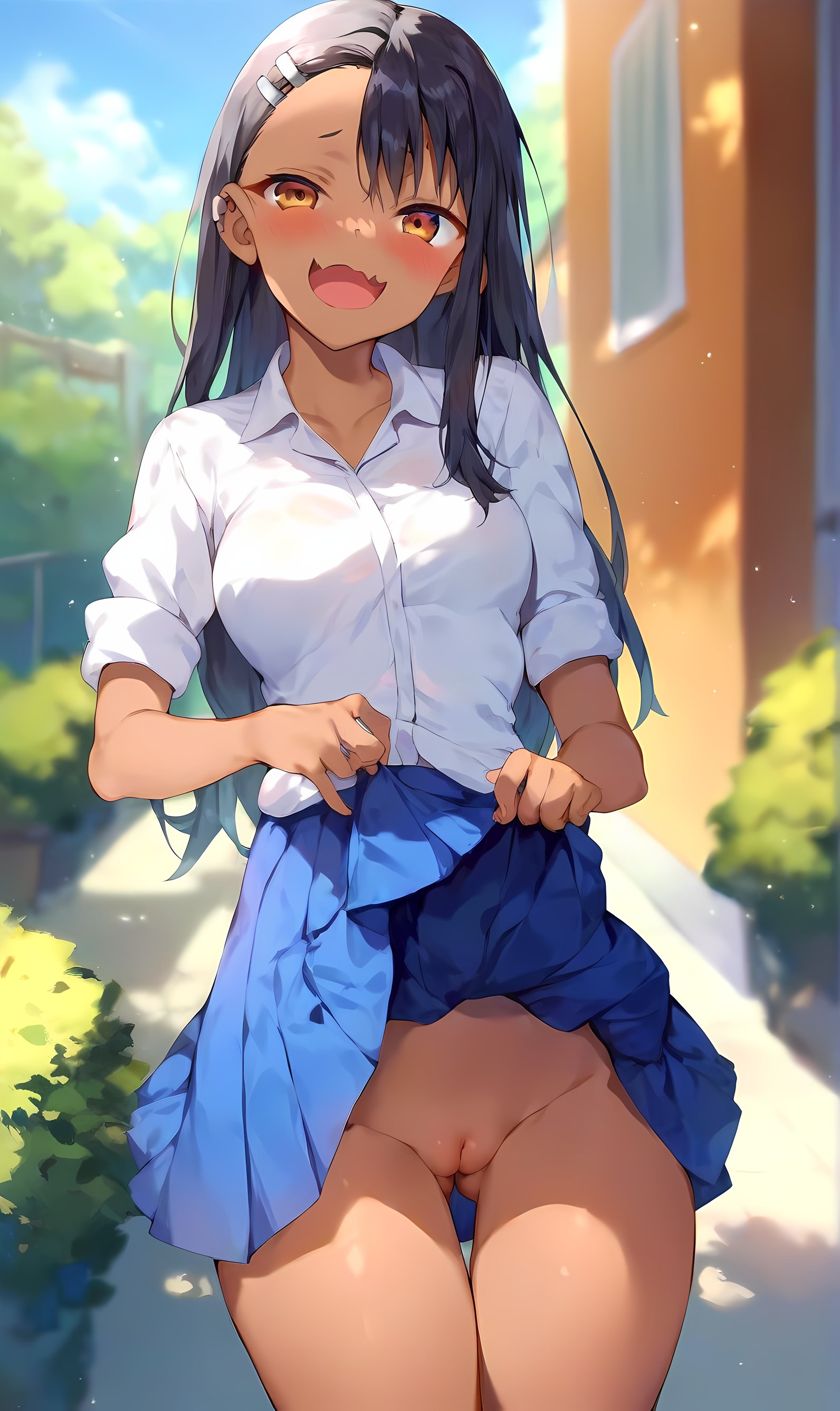 1girls, ai generated, clothed, clothing, female, hayase nagatoro, huskai, looking at viewer, no panties, outdoors, please don't bully me, nagatoro, pussy, school uniform, skirt, skirt lift, skirt up, solo, solo female