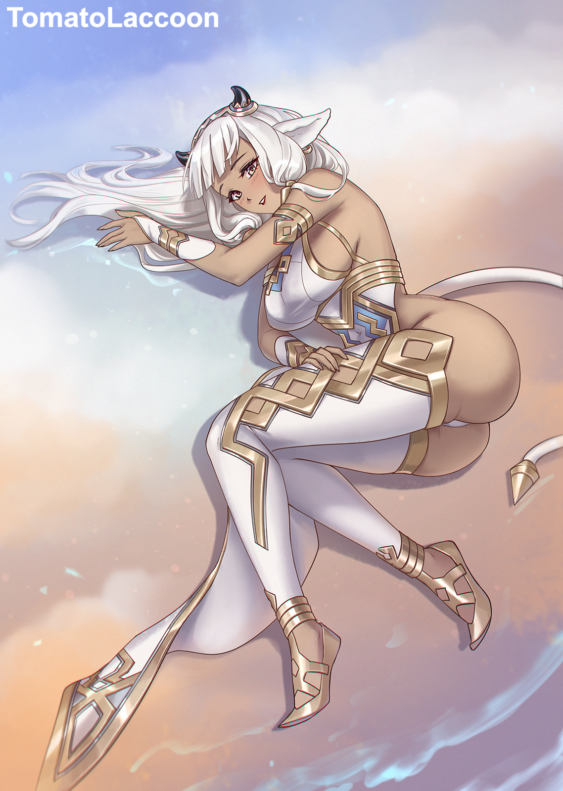 1girls, animal ears, artist name, ash (fire emblem), ass, bare shoulders, blush, breasts, bridal gauntlets, brown eyes, commentary, cow ears, cow girl, cow horns, dark skin, dark-skinned female, earrings, female, female only, fire emblem, fire emblem heroes, full body, gold trim, gradient background, grey hair, hair ornament, highres, horns, jewelry, large ass, large breasts, lips, long hair, lying, medium breasts, nintendo, panties, parted lips, pelvic curtain, shoes, sidelocks, sleeveless, solo, tail, thighhighs, thighs, tomatolaccoon, underwear, white hair, white panties