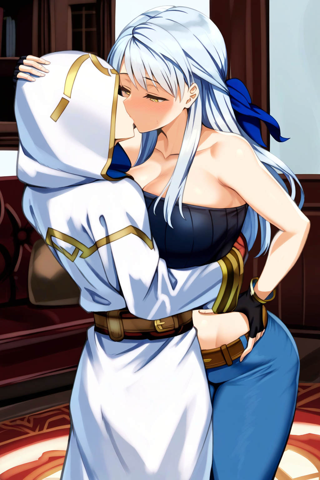 ai_generated alluring belt black_strapless fingerless_gloves fire_emblem fire_emblem:_radiant_dawn fire_emblem_heroes from_behind hand_on_another's_head hand_on_another's_waist hand_on_hip height_difference hug jeans kiran_(fire_emblem) kissing micaiah_(fire_emblem) midriff nai_diffusion stable_diffusion strapless