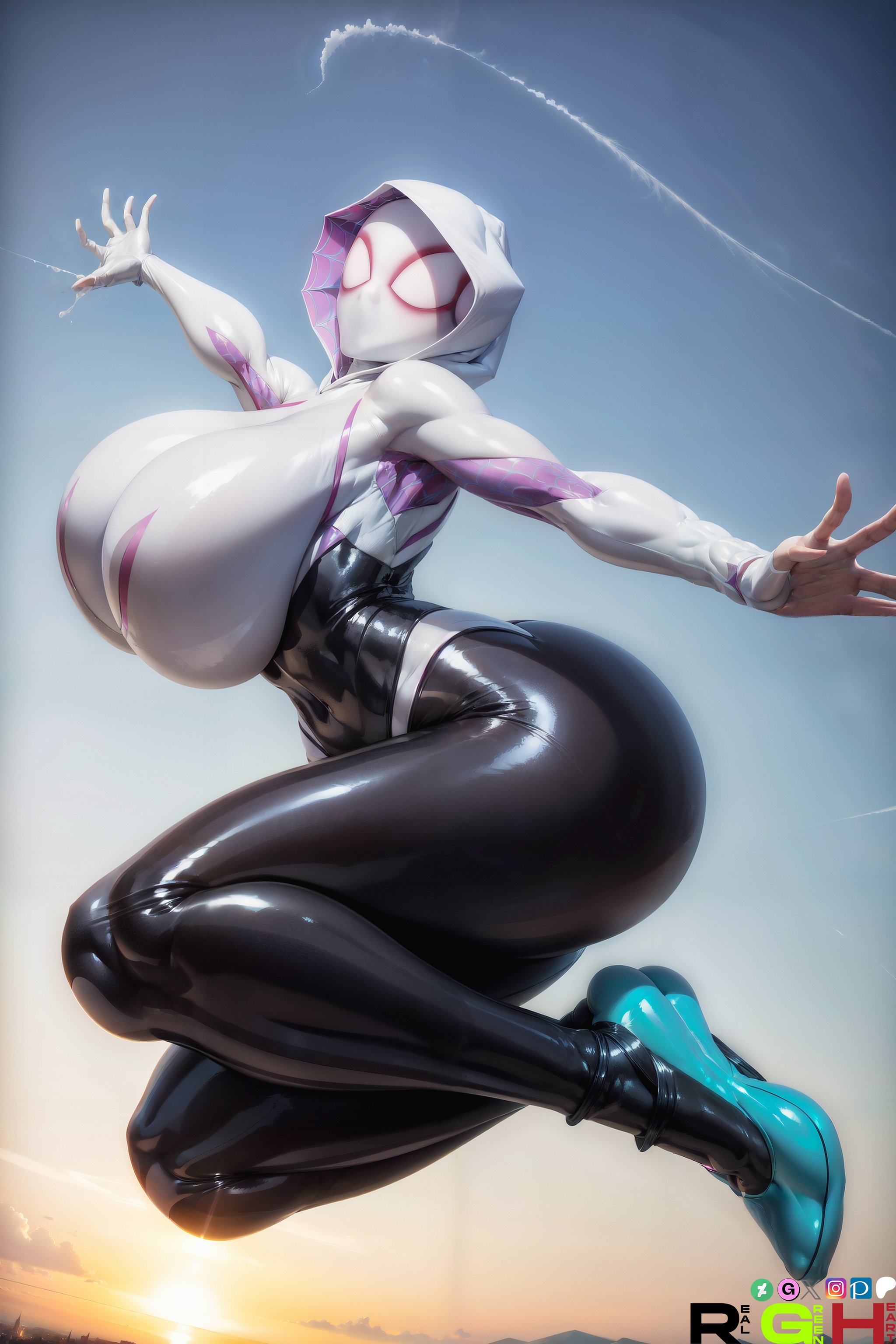 1girls, ai generated, ai hands, ass, big breasts, blonde hair, breasts, breasts bigger than head, female, female only, gwen stacy, human, human only, hyper ass, hyper breasts, light skin, light-skinned female, marvel, marvel comics, realgreenheart, solo, solo female, spider-gwen, spider-man (series)
