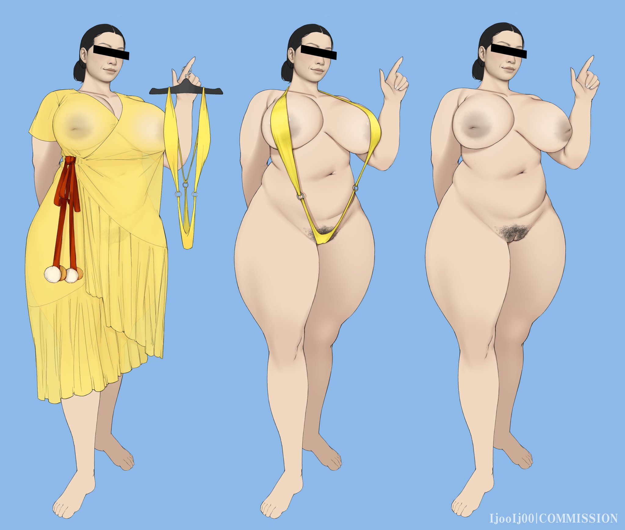 1female, 1girls, areolae visible through clothing, ass, ass focus, before and after, big ass, big breasts, bikini, black hair, blue background, breasts, bubble butt, censor bar, censored eyes, censored identity, clothing change, coat hanger, costume change, curvy, curvy body, curvy female, curvy figure, dumptruck ass, enormous ass, eye censor, fat ass, female, female only, front view, full body, full portrait, gigantic ass, hair bun, hair tied back, hairy pussy, huge ass, huge breasts, huge thighs, identity censor, ijooij00, light blue background, light-skinned female, mature, mature body, mature figure, mature woman, milf, mommy, nipples visible through clothing, nude, one arm behind back, one piece swimsuit, pubic hair, pubic hair peek, round ass, see-through, see-through dress, short hair, simple background, skimpy bikini, sling bikini, solo, solo female, standing, thick, thick ass, thick thighs, thighs, translucent clothing, translucent dress, voluptuous, voluptuous female, wide hips, yellow bikini, yellow dress, yellow sling bikini