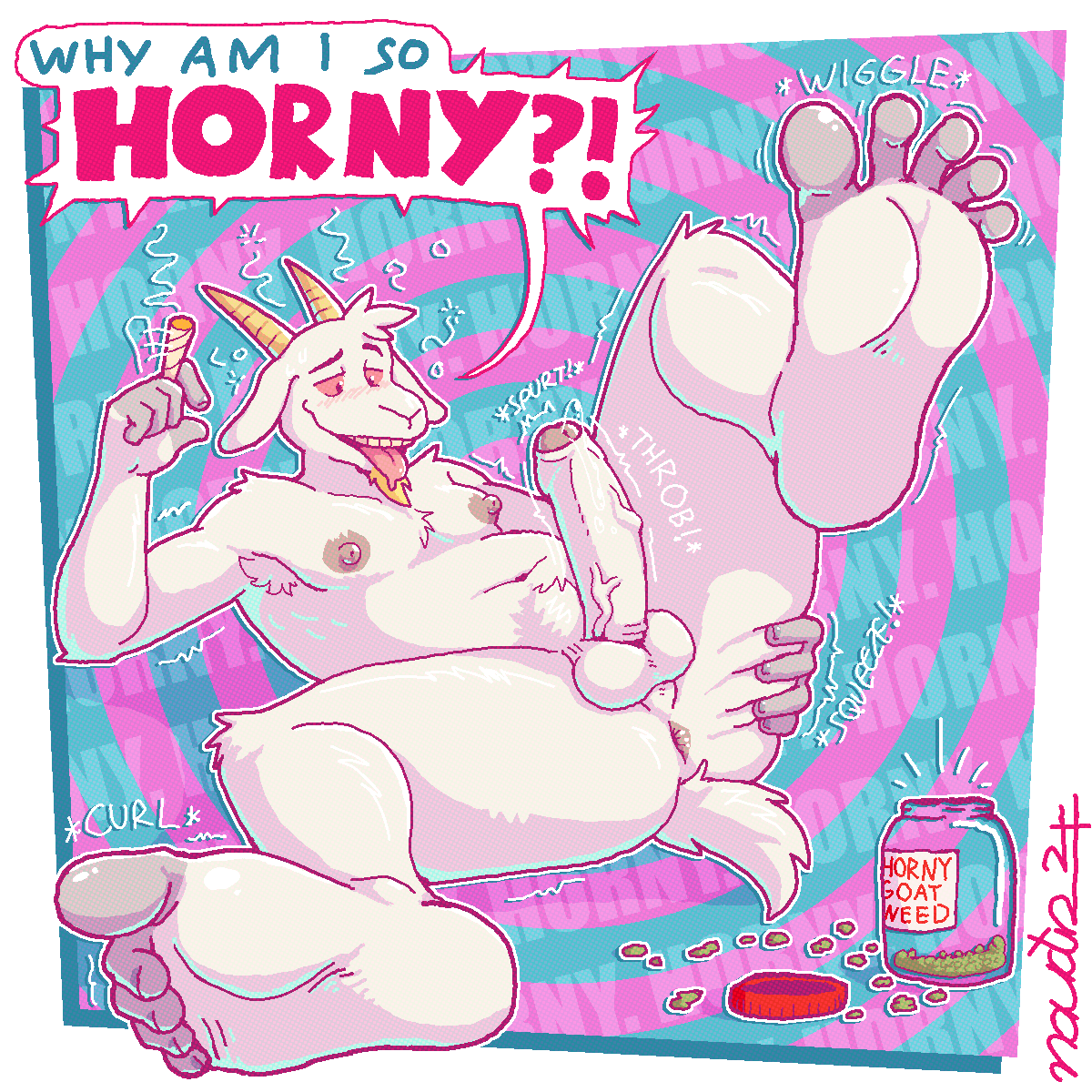 5_toes abstract_background anthro anus armpit_hair ass balls belly bodily_fluids body_hair bovid butt_grab caprine chest_tuft cigarette container drugs erection facial_hair feet foot_focus foreskin fur genital_fluids genitals goat goatee hand_on_butt hi_res holding_object horn humanoid_genitalia humanoid_penis jar joint leaking_precum male mammal marijuana naudiz_(artist) nipples nude partially_retracted_foreskin penis plantigrade precum raised_leg red_sclera smoking soles solo speech_bubble spiral tail text throbbing throbbing_penis toes tongue tongue_out tuft vein veiny_penis white_body white_fur