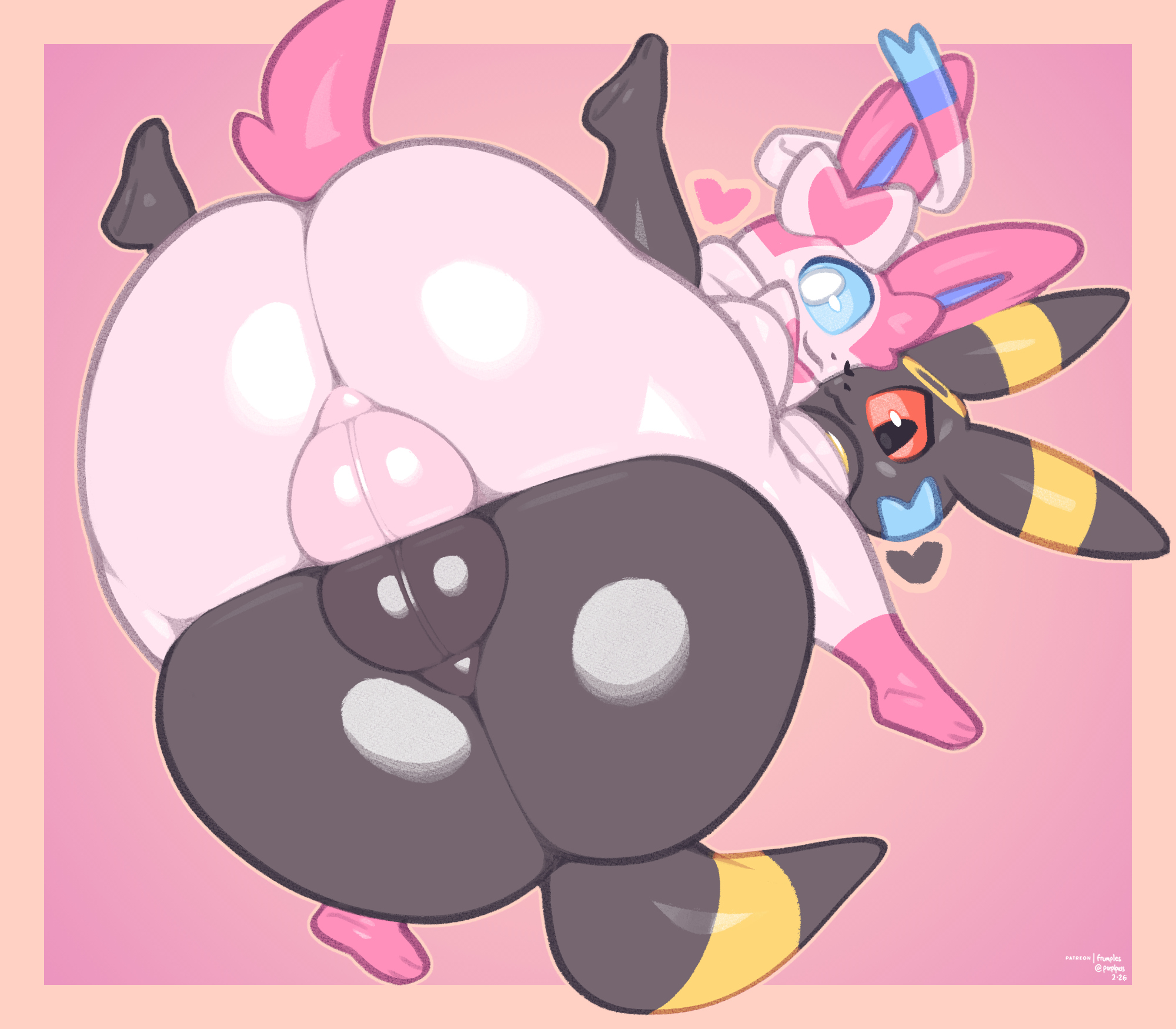 2026, anthro, anthro on anthro, anthrofied, artist name, ass, balls, balls touching, big butt, black body, black skin, colored, curvy figure, dated, digital drawing (artwork), digital media (artwork), eeveelution, english text, feet, femboy, frumples, generation 2 pokemon, generation 6 pokemon, genitals, hi res, huge butt, humanoid genitalia, looking back, mammal, multicolored body, multicolored skin, nintendo, nude, open mouth, pink body, pink skin, pokemon, pokemon (species), pokemorph, shaded, signature, simple background, smile, sylveon, tail, text, thick thighs, two tone body, two tone skin, umbreon, white body, white skin, wide hips