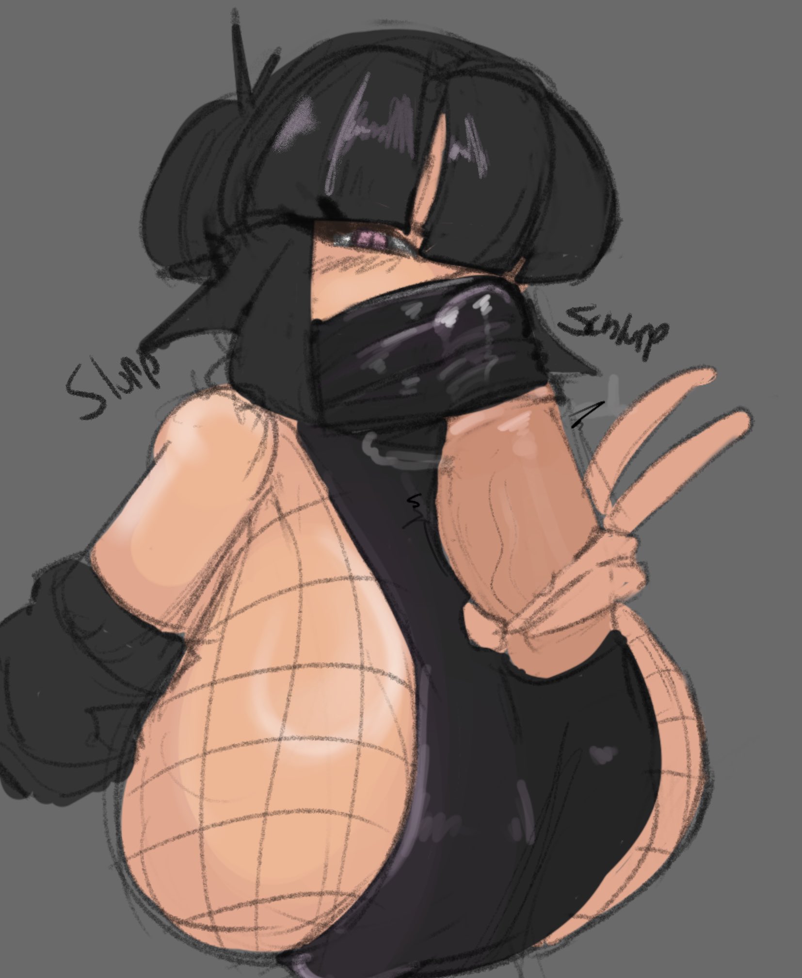 1boy, 1girls, 2lewd2nuki, blush, disembodied penis, female, fishnets, handjob, kunoichi, large breasts, male, ninja, ninja girl, original character, penis under mask, v