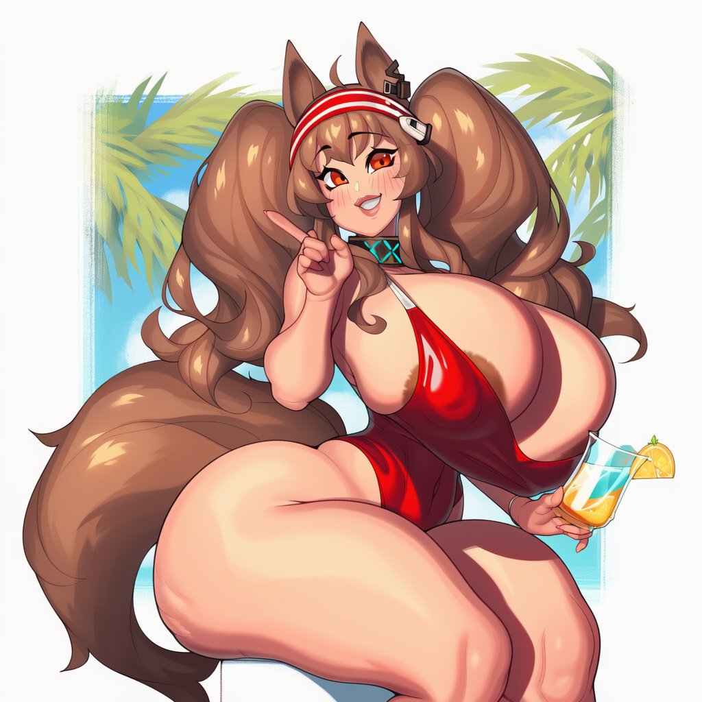 1girls 2d ai_generated angelina_(arknights) animal_ears areola areola_slip areolae arknights ass big_ass big_breasts big_butt big_thighs blush breasts brown_hair casual_one-piece_swimsuit cleavage covered_navel covered_nipples cup drink drinking_glass earpiece female_only food fox_ears fox_girl fox_tail foxes_inn fruit gigantic_breasts grin hairband holding holding_cup huge_ass huge_breasts huge_butt huge_thighs infection_monitor_(arknights) large_areolae large_ass large_breasts large_butt large_thighs lemon lemon_slice long_hair looking_at_viewer massive_breasts official_alternate_costume one-piece_swimsuit red_eyes red_one-piece_swimsuit sitting smile solo solo_female swimsuit tail thick_ass thick_butt thick_thighs thighs twintails v v_sign