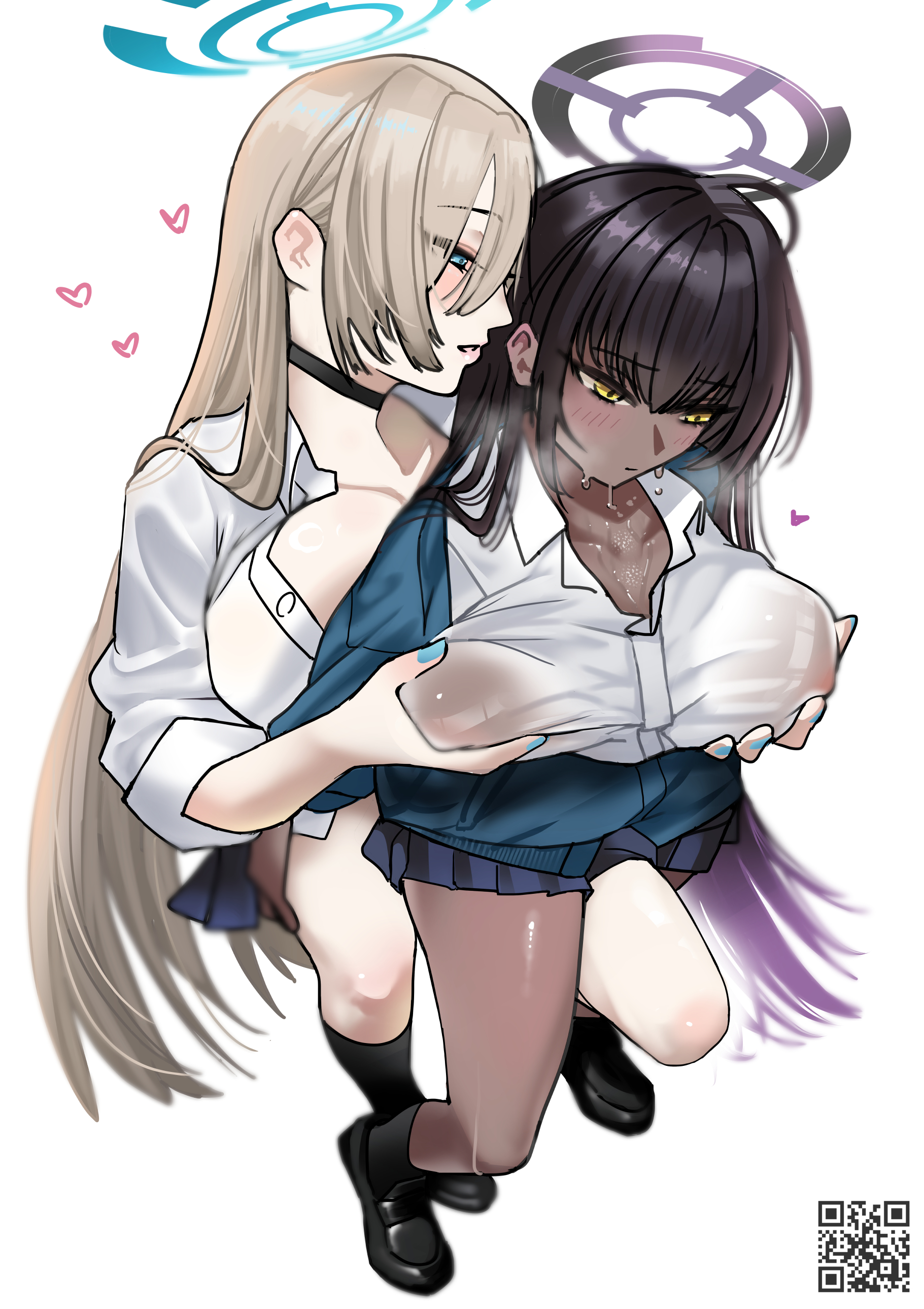2girls, absurdres, ahoge, asuna (blue archive), asuna (school uniform) (blue archive), black hair, black shoes, black socks, blonde hair, blue archive, blue cardigan, blue eyes, blue halo, blue skirt, blush, breasts, cardigan, choker, collarbone, commentary request, covered nipples, dark skin, dark-skinned female, grabbing another's breast, grabbing another's thighs, gradient hair, groping, hair over one eye, halo, highres, karin (blue archive), karin (school uniform) (blue archive), large breasts, leg up, long hair, looking at another, looking down, multicolored hair, multiple girls, nipples, no bra, no bra under clothes, open cardigan, open clothes, parted lips, pleated skirt, purple hair, purple halo, qr code, see-through clothes, shirt, shoes, sitting, sitting on person, skirt, sleeves rolled up, socks, sweat, thigh on another's crotch, thighs, very long hair, white shirt, whx pl, yellow eyes, yuri