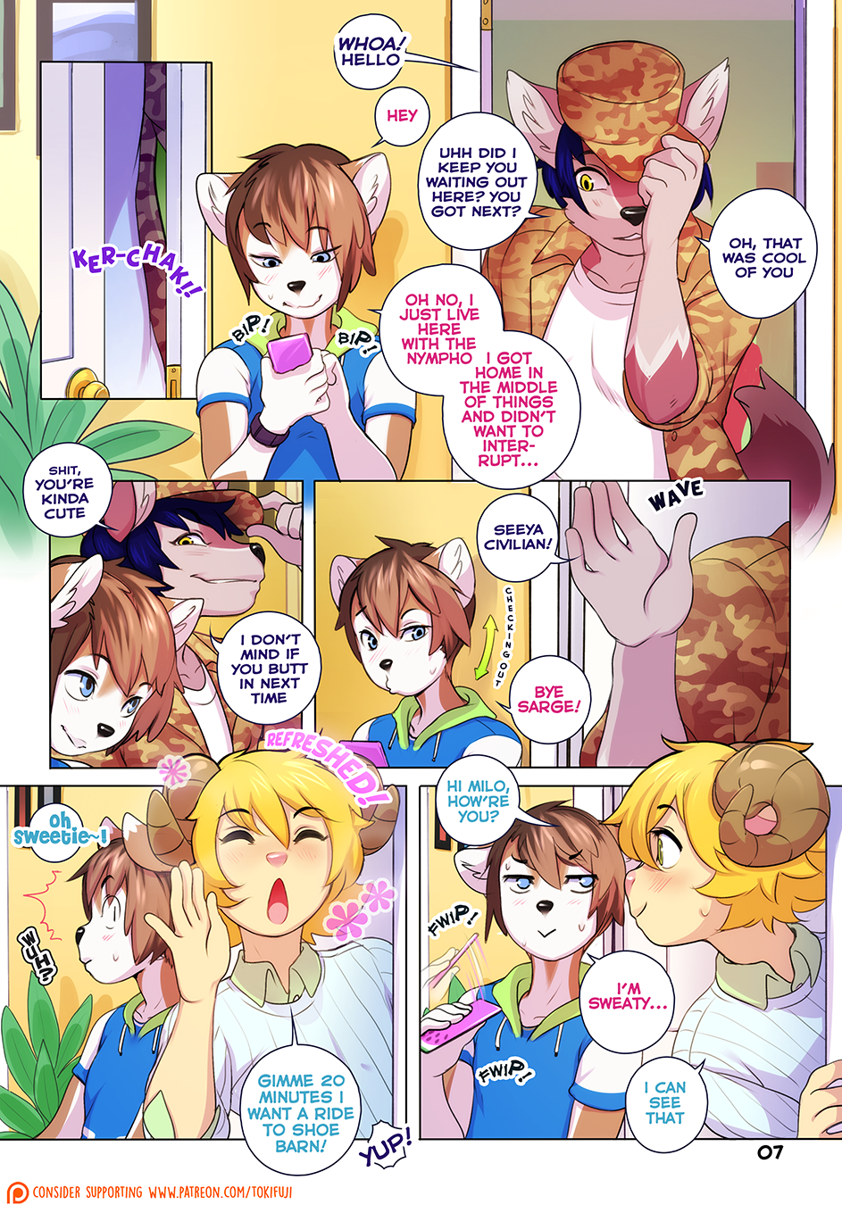 2017 anthro blush canine caprine clothed clothing comic dialogue english_text goat group hat hi_res keiran_tracey_(character) male male_only mammal milo_stefferson_(character) open_mouth original page_7 page_number phone smile sweat text tokifuji