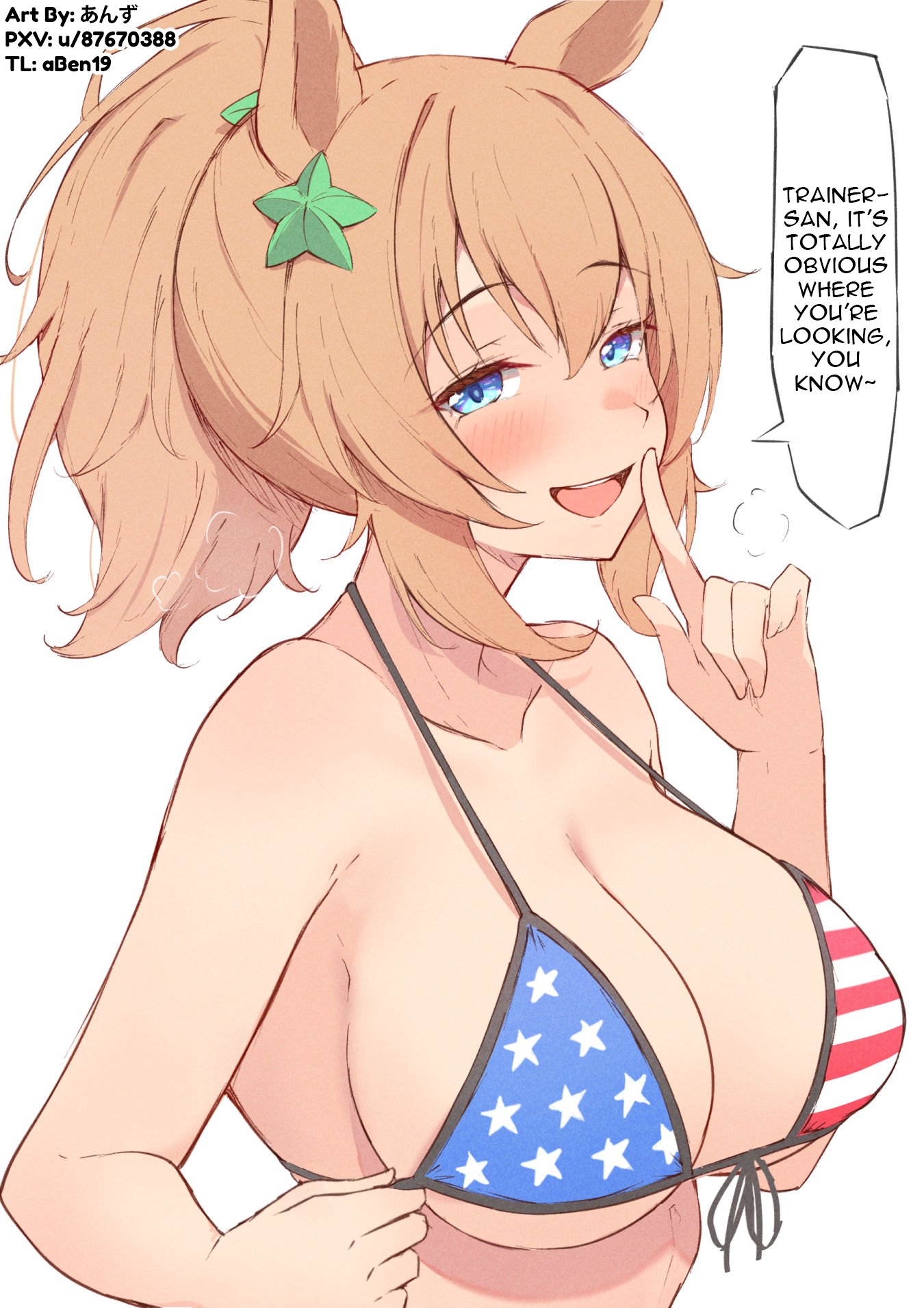 1girls, alternate costume, american flag, american flag bikini, american flag print, animal ears, bikini, blonde hair, blue eyes, blush, breasts, check translation, cleavage, commentary request, female, flag print, flag print bikini, front-tie bikini top, front-tie top, hair ornament, highres, himura anzu, himuraanzu, horse ears, horse girl, index finger raised, large breasts, long hair, looking at viewer, open mouth, print bikini, sideboob, simple background, smile, solo, speech bubble, star (symbol), star hair ornament, swimsuit, taiki shuttle (umamusume), translation request, umamusume, underboob, upper body, white background