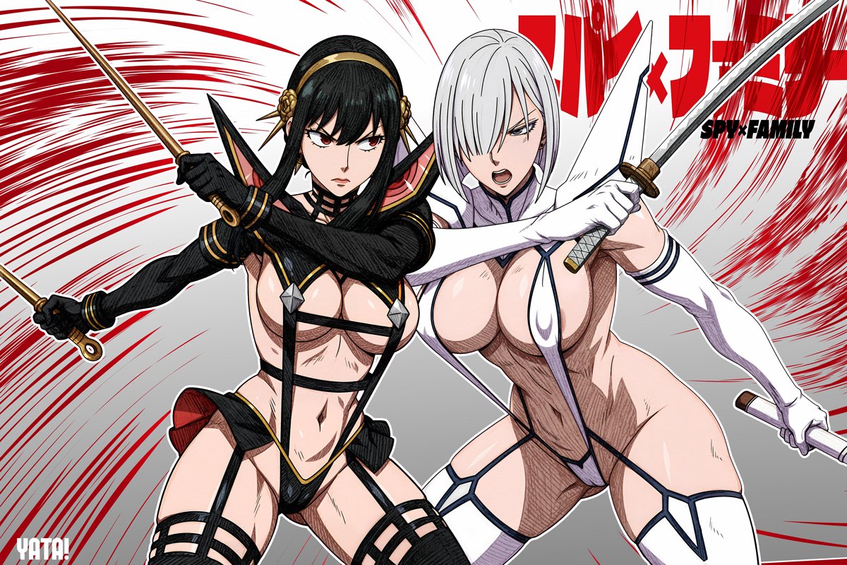 2girls, areola slip, black hair, breasts, cameltoe, cleavage, crossover, earrings, female, female only, fiona frost, grey eyes, hair over one eye, holding object, jewelry, kamui (kill la kill), kill la kill, large breasts, long hair, looking at another, microskirt, miniskirt, navel, red eyes, revealing clothes, shiny clothes, showgirl skirt, skimpy clothes, spy x family, thigh boots, thighhighs, white hair, yatagarasupen, yor briar