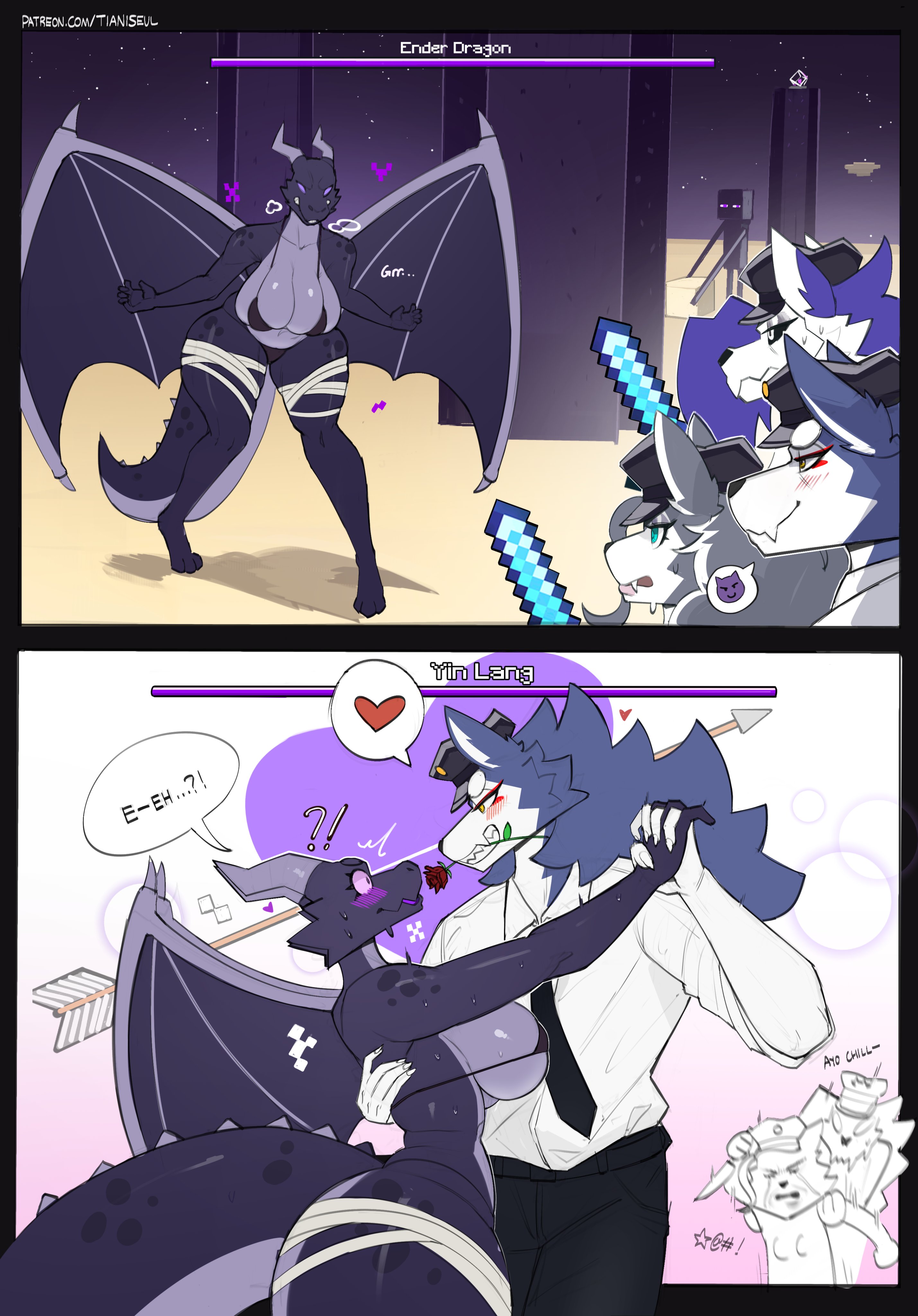 2d, angry, anthro, arrow, arrow through heart, bandages, bikini, bikini only, black bikini, black bra, black panties, black scales, blue eyes, blue fur, blush, bra, breasts bigger than head, canid, canid humanoid, canine, canine humanoid, dragon, dragon girl, ender dragon, enderman, hand on back, health bar, holding hand, horns, jean (minecraft), mcyt, microsoft, minecraft, minecraft youtubers, mojang, mythology, oc, panties, purple sclera, rose, rose in mouth, scales, smiling, sword, the end, the end (minecraft), thigh bandages, tianiseul, twitter, twitter username, valentine's day, white fur, yellow eyes, youtube, youtuber, youtubers