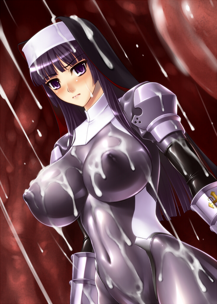 armor, big breasts, blush, bodysuit, breasts, bukkake, busty, cleavage, covered breasts, covered nipples, cum, cum on body, cum on breasts, cum on face, cum on upper body, cumdrip, cumshot, erect nipples, erect nipples under bodysuit, erect nipples under clothes, facial, female, habit, kamori sayaka, large breasts, latex, latex areola, latex bodysuit, latex breasts, latex clothing, latex elbow gloves, latex gloves, latex nipples, latex skin, latex skinsuit, latex stockings, latex suit, latex thighhighs, long hair, male, male focus, nipples, nipples visible through clothing, nun, nun's habit, purple eyes, purple hair, rindou (radical dream), rindou aya, skin tight, tentacle, voluptuous