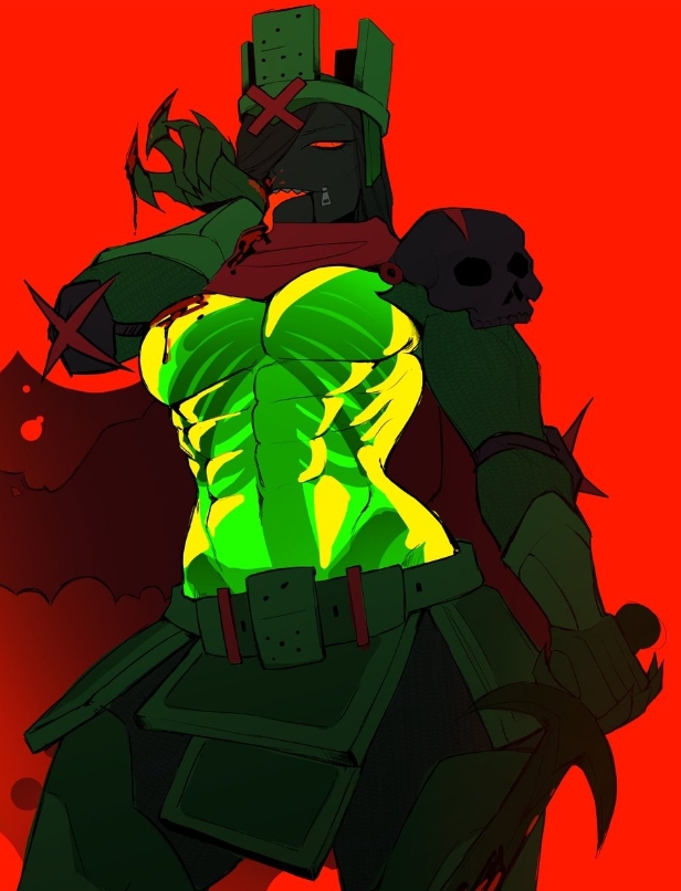 1girls, 1x1x1x1, 1x1x1x1 (termination protocol), armor, black hair, breasts, crown, domino crown, featureless breasts, female, female only, first porn of franchise, green torso, hadaldivison, licking hand, long hair, looking at viewer, medium breasts, muscular, one-piece, pauldrons, red background, red eyes, roblox, roblox game, robloxian, rule 63, see-through body, self upload, solo, sword, tagme, termination protocol, zipper mouth