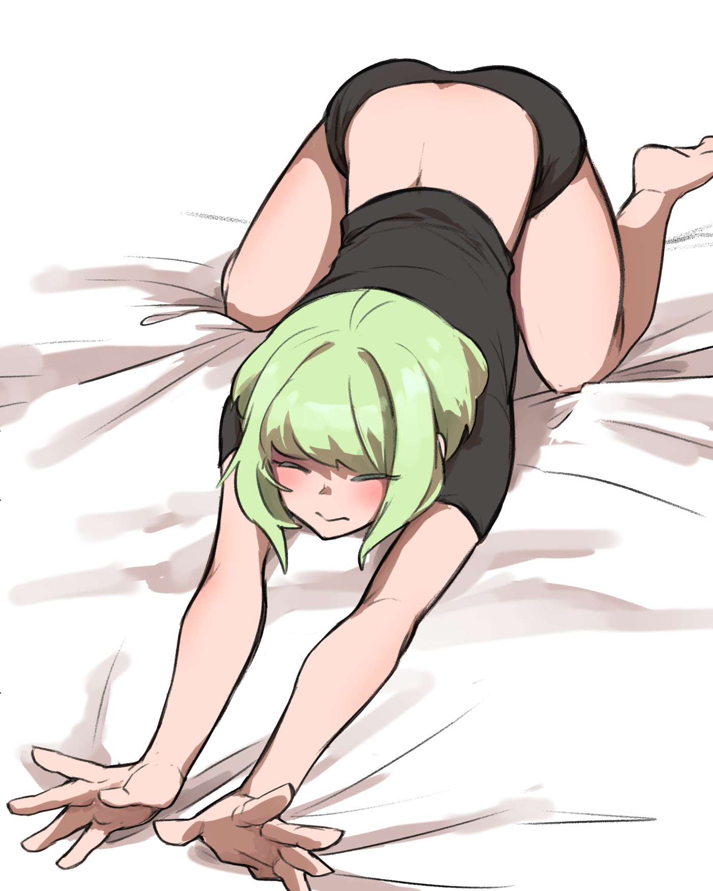 1boy, 2d, 2d (artwork), androgynous, aus vaka, blush, bob cut, cat pose, clothed, clothing, femboy, femboy only, lio fotia, midriff, on bed, petite, petite body, petite male, promare, short hair, slim, slim male, slim waist, solo, stretching, suggestive pose, twink