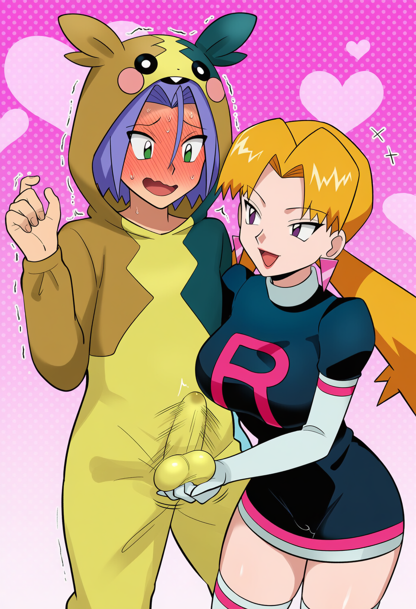 ai_generated assertive_female caress caressing caressing_balls caressing_testicles cassidy_(pokemon) cosplay embarrassed embarrassed_expression erection femdom james_(pokemon) morpeko morpeko_(full_belly_mode) onesie pokemon pokemon_(classic_anime) pokemon_(franchise) pokemon_character precum red_face red_faced team_rocket twink