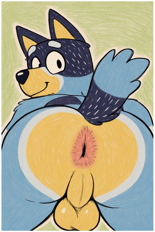 ai_generated anthro anthro_only anus ass ass_focus back_view balls bandit_heeler bluey_(series) bluey_(show) chubby chubby_male doggy_style furry furry_male furry_only looking_at_viewer looking_back mature mature_anthro mature_male older_male smile solo