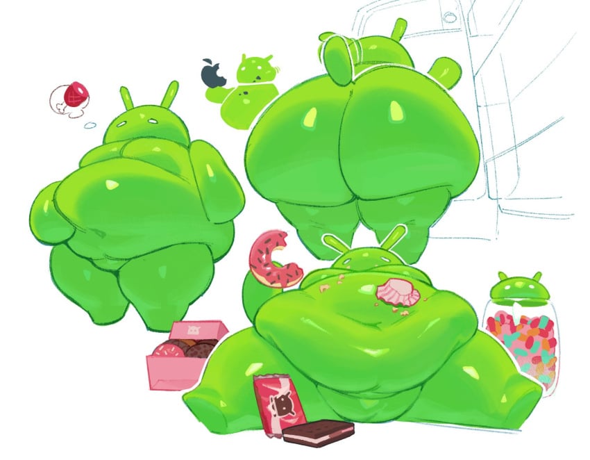 1boy, android (os), apple inc., big, big ass, big thighs, bugdroid, candy, cupcake, donut, eating, eating food, fat, fat ass, fat male, fridge, google, green body, green skin, hungry, hungry for more, ice cream, ice cream sandwich, jar, jelly beans, looking away, looking in fridge, male, male only, mascot, no visible genitalia, non-human, non-human head, obese, obese male, obesity, overweight, refrigerator, solo, wagging tail
