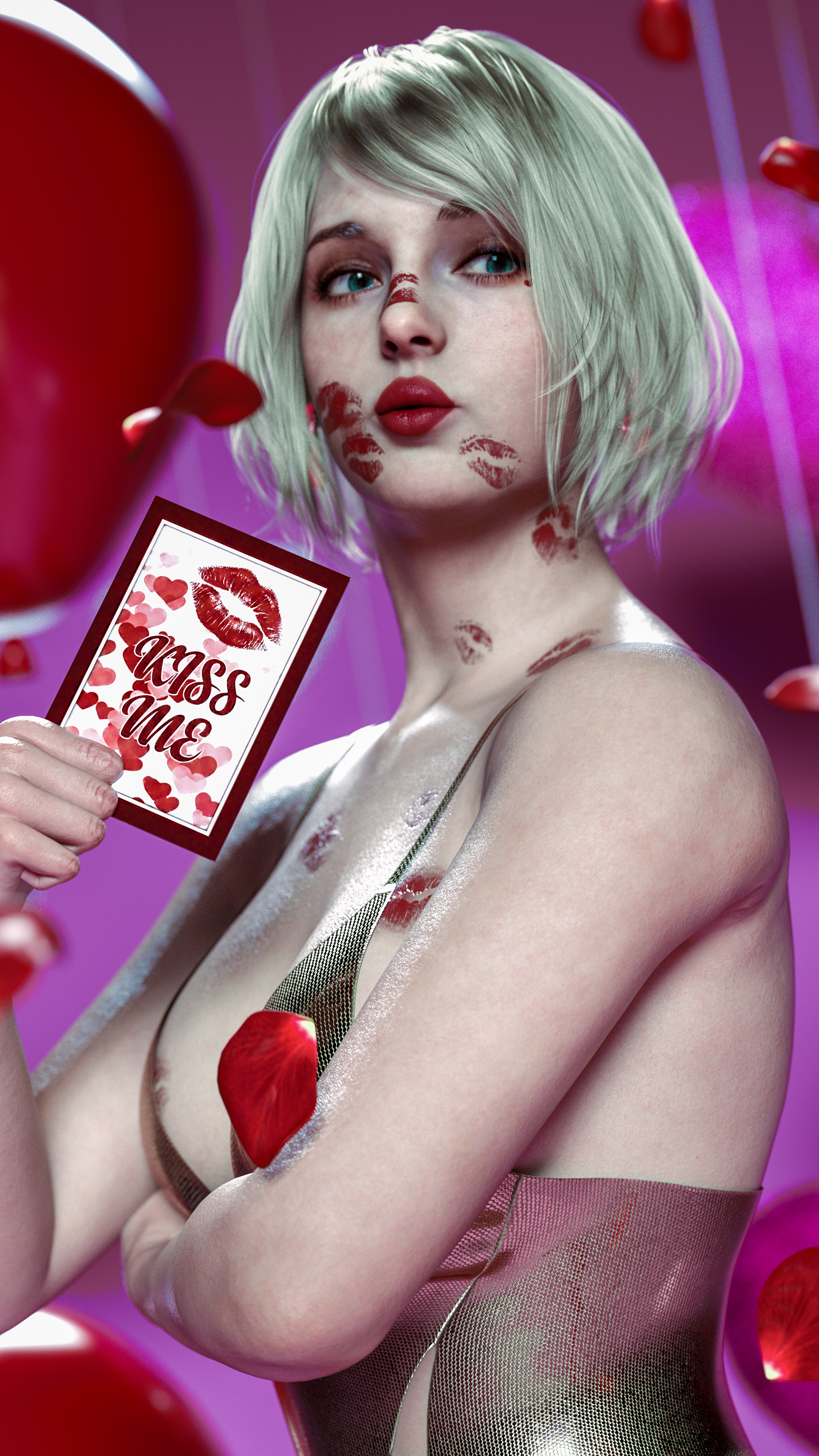1girls, 3d, 3d (artwork), areola slip, areolae, ashley graham, ashley graham (ella freya), blender, blonde hair, earrings, female, female only, helistra, hi res, highres, lipstick, lipstick mark, makeup, red lipstick, resident evil, resident evil 4, resident evil 4 remake, valentine's day