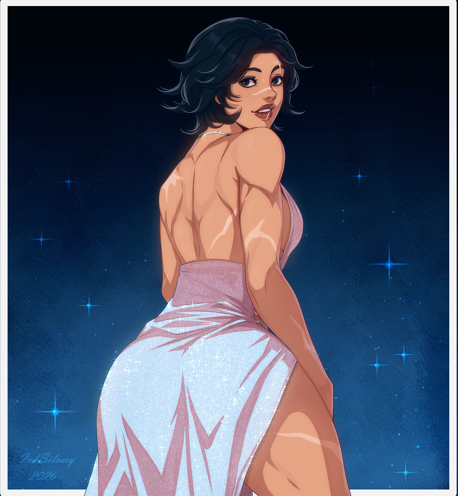 ass, athletic, athletic female, back view, batgirl, batgirl (cassandra cain), batman (series), big ass, big butt, cassandra cain, curvaceous, curvaceous body, curvaceous female, curvaceous figure, curvaceous hips, curvy, curvy body, curvy female, curvy figure, curvy hips, dc, dc comics, dress, fat ass, fat butt, female, female focus, female only, gala dress, high slit dress, inksilvery, muscular, muscular female, muscular thighs, scar, scars, scars all over, short hair, sparkle, sparkles, sparkling, thick ass, thick butt, thick hips, thick thighs, thighs, wide, wide hips