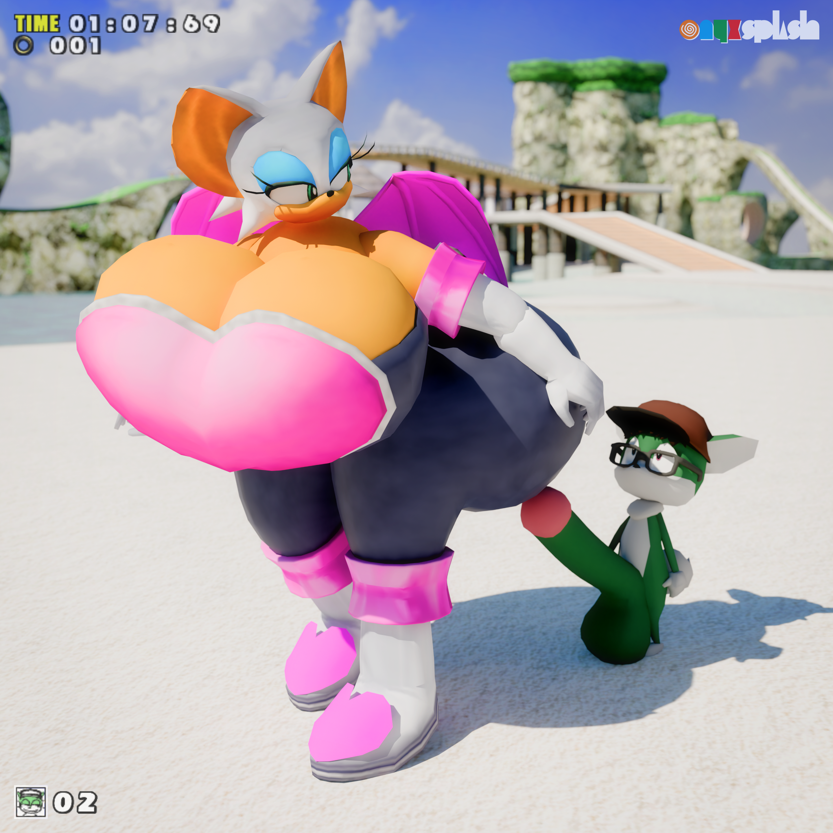 3d, 3d (artwork), absurd res, anthro, ass, balls, baseball cap, bat, big ass, big balls, big breasts, big butt, big penis, breasts, clothing, duo, eyewear, female, gaia, gameplay mechanics, genitals, hat, headgear, headwear, heterochromia, hi res, high heel boots, hud, huge ass, huge balls, huge breasts, huge butt, huge cock, hyper, hyper ass, hyper balls, hyper breasts, hyper butt, hyper genitalia, hyper penis, large ass, large breasts, larger female, looking at butt, looking back, low poly, male, mammal, mouthless, onyxsplash, penis, retro, rouge the bat, sega, shadow, size difference, small but hung, smaller male, sonic (series), sonic adventure, sonic the hedgehog (series), standing, sunglasses, thick thighs, vincent (onyxsplash), white high heels boots, wide eyed, wide hips