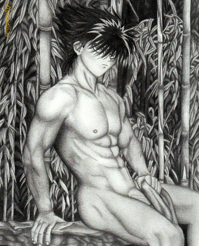 2008 abs ass bamboo black_hair butt demon detailed detailed_background hiei human human_only low_res lowres male male_focus male_only monochrome muscle muscular muscular_arms muscular_ass muscular_butt muscular_legs muscular_male nipples nude nude_male penis ryukotsusei signature sitting solo spiked_hair spiky_hair towel towel_only vein veiny veiny_penis watermark yu_yu_hakusho