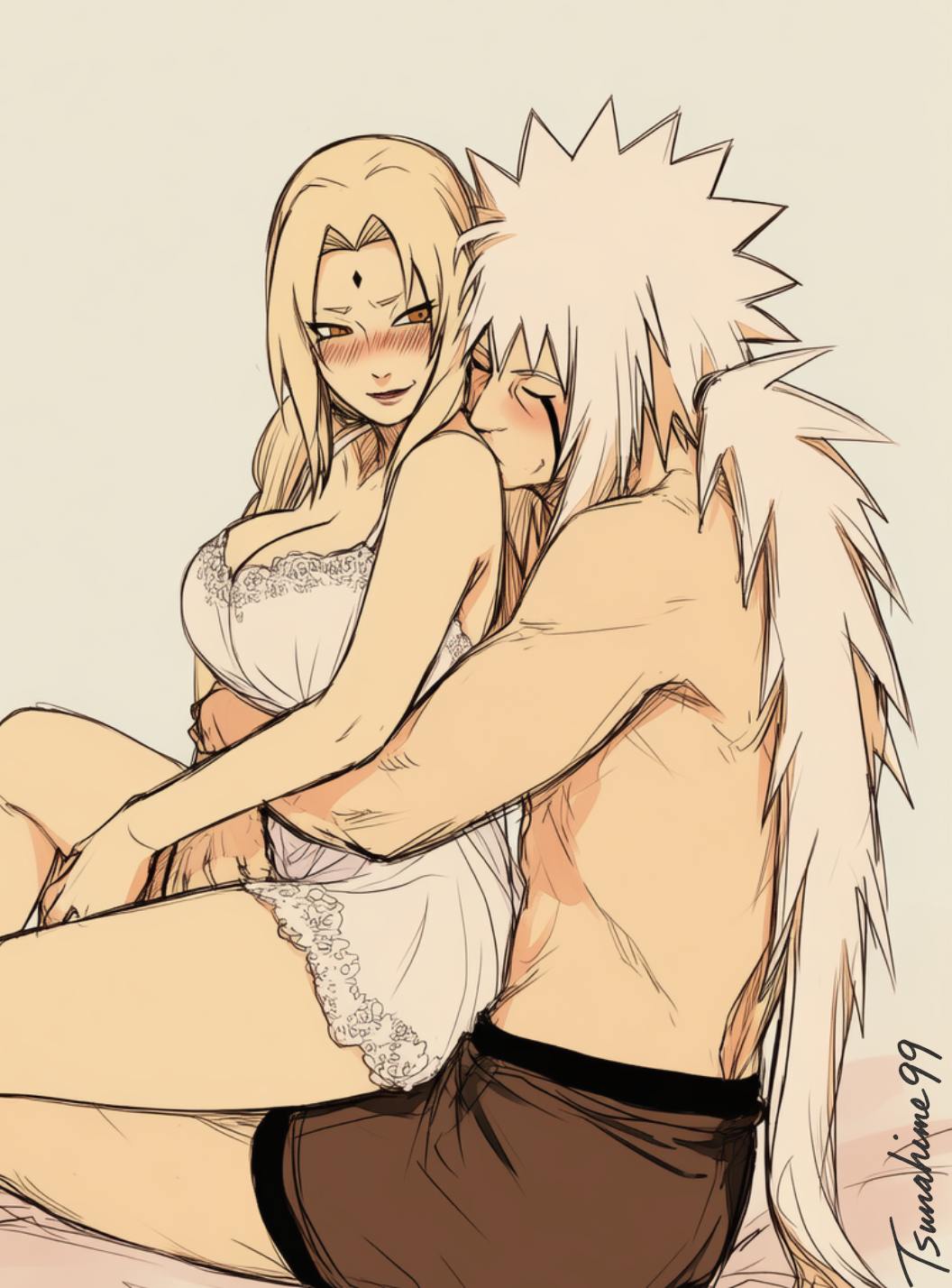 1boy 1girls artist_name blonde_hair blush breasts couple cuddling facial_mark female highres hug jiraiya kissing kissing_neck large_breasts lingerie looking_at_another mature_female mature_male naruto naruto_(classic) naruto_(series) naruto_shippuden signature sketch straddling tsunade tsunahime99 underwear voluptuous