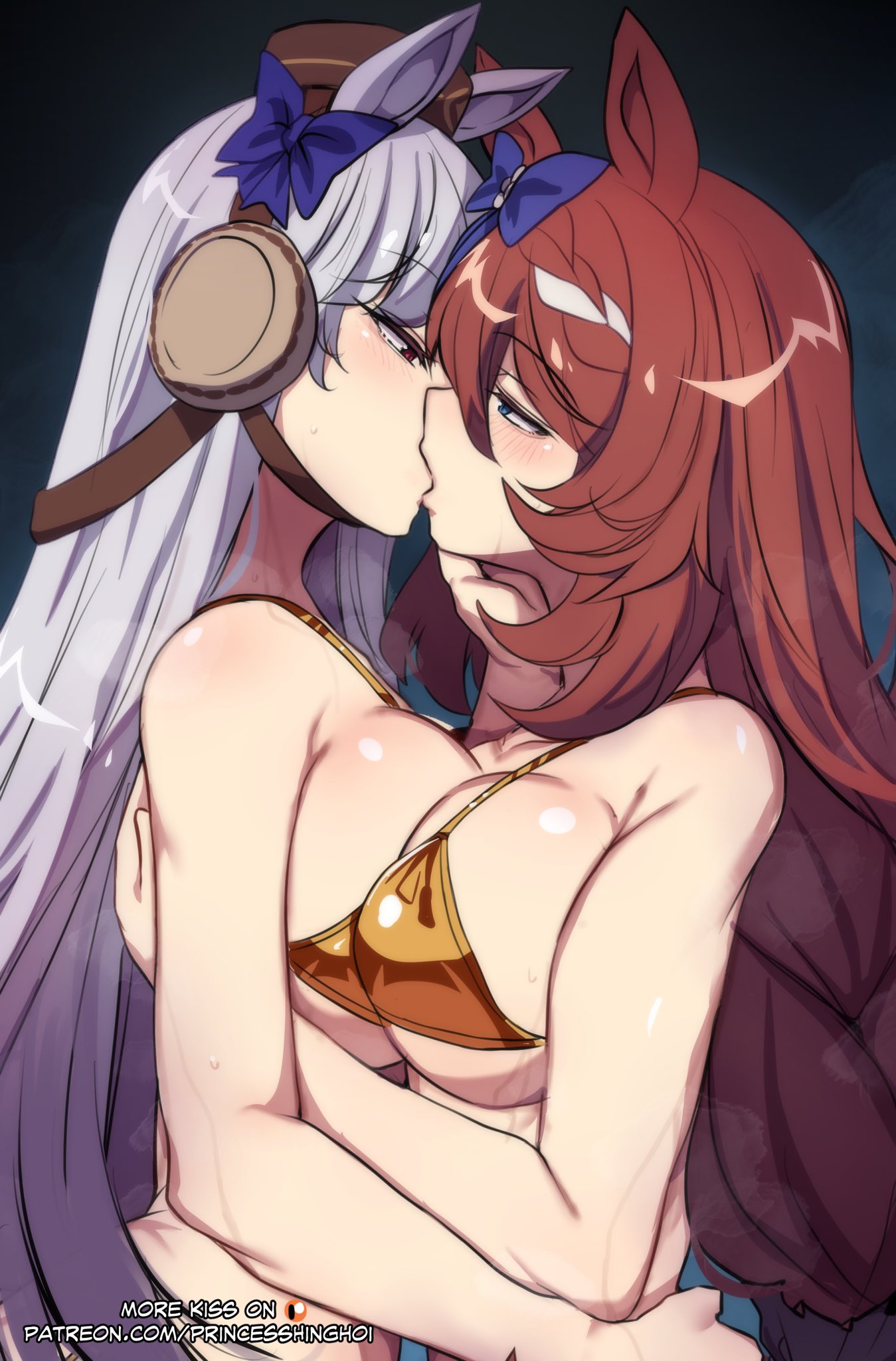 2girls, big breasts, bikini top, breast press, breast squeeze, breasts, brown hair, embrace, female, female only, gold ship (umamusume), hinghoi, kissing, lavender hair, lesbian kiss, passionate kiss, super creek (umamusume), symmetrical docking, umamusume, yuri