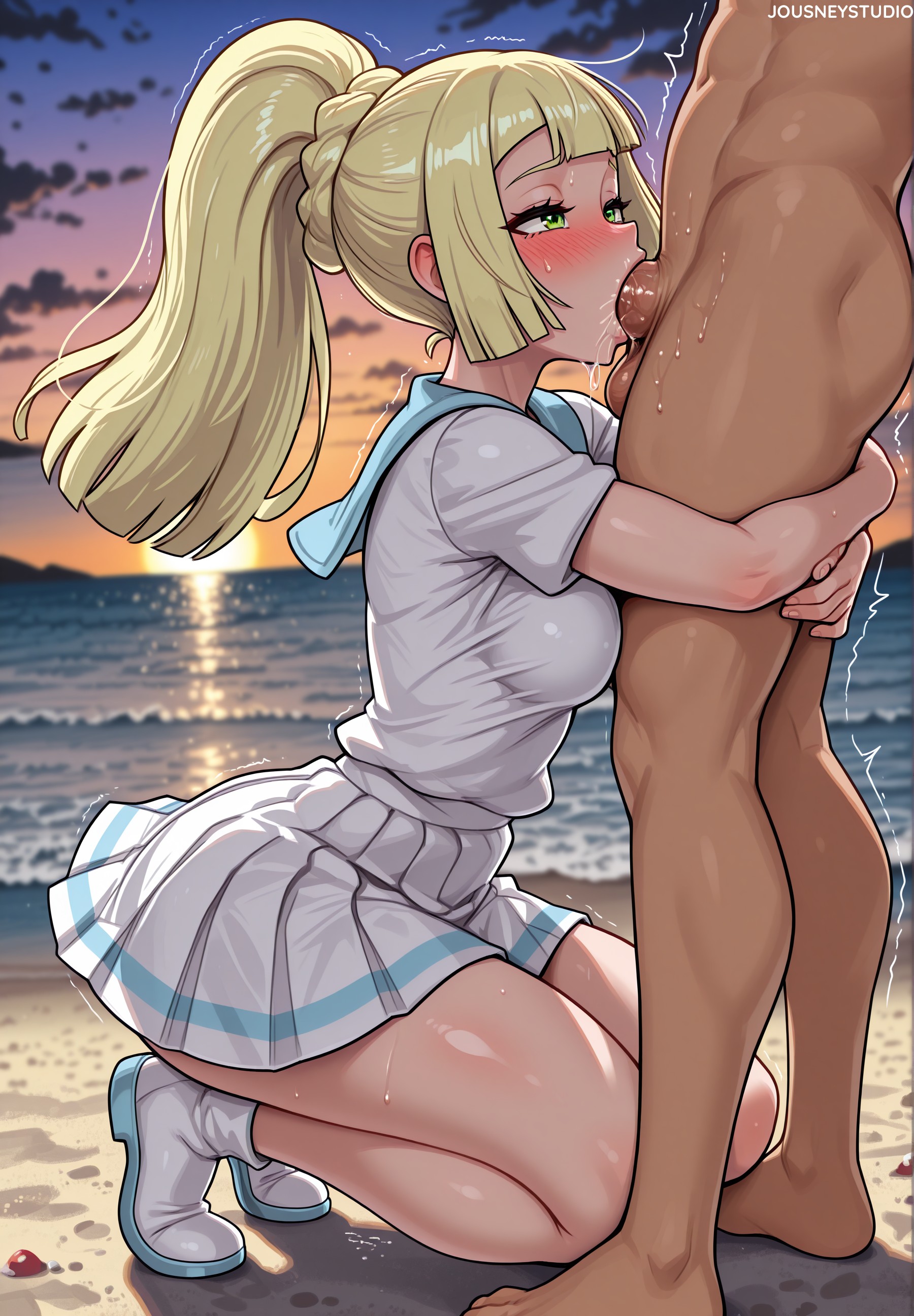 1boy, ai generated, bangs, barefoot, beach, blonde hair, blunt bangs, blush, braid, breasts, clothed female nude male, clothing, cloud, dark skin, dark-skinned male, fellatio, female, from side, gradient sky, green eyes, half-closed eyes, hug, interracial, jousneystudio, kneeling, large breasts, legs, lillie (pokemon), long hair, male, medium breasts, miniskirt, mosaic censoring, nintendo, nude, ocean, oral, outdoors, penis, pleated skirt, pokemon, pokemon sm, pokemon usm, ponytail, sailor collar, sand, school uniform, shirt, shoes, shore, short sleeves, skirt, sky, socks, solo focus, squatting, straight, sunset, sweat, testicles, thighs, tiptoes, trembling, water, white footwear, white shirt, white skirt