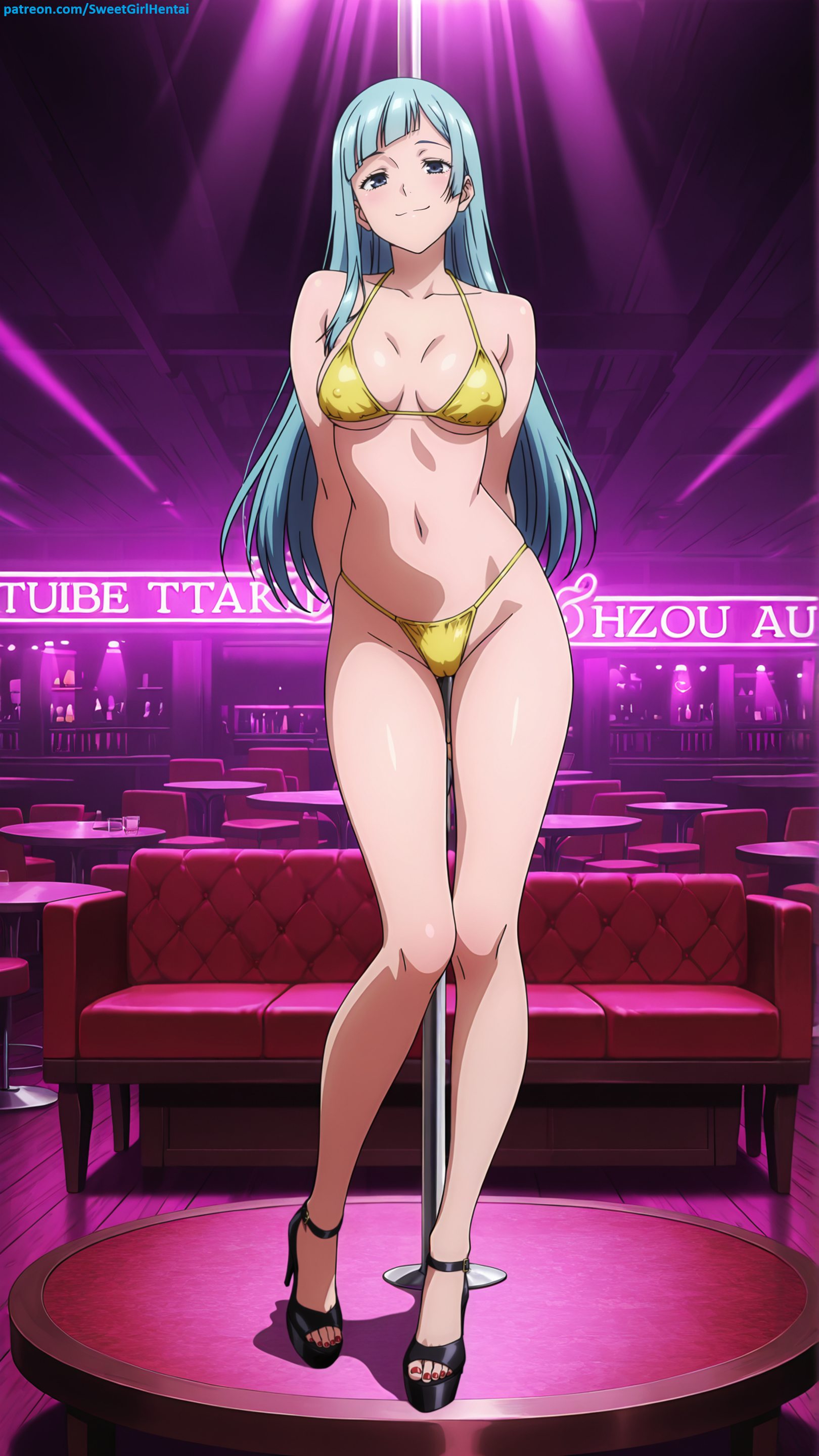 1girls, ai art, ai generated, anime, anime character, anime girl, anime style, arms behind back, ass visible through thighs, bar place, bar stool, bare legs, bikini, black footwear, black shoulders, blue hair, blunt bangs, closed mouth smile, dancing, exotic dancer, feet, female, female only, gold bikini, hentai, high quality, high resolution, highleg, holding pole, jujutsu kaisen, kasumi miwa, legs, long hair, long legs, looking at viewer, micro bikini, nightclub, platform footwear, platform heels, pole, pole dance, pole dancer, pole dancing, smile, solo, standing, strappy heels, string bikini, strip club, stripper, stripper pole, stripping, striptease, toe cleavage, toenail polish, yellow bikini