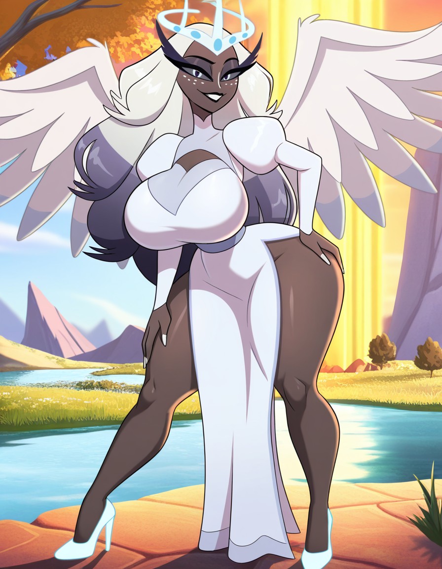 ai generated, angel, big ass, big breasts, big butt, big thighs, breasts, dark-skinned female, dress, female, hazbin hotel, high heels, patreon, posing, provocative, randomaifun, sera (hazbin hotel), sexy, sexy clothing, thick ass, thick legs, thick thighs, vivienne medrano, vivziepop