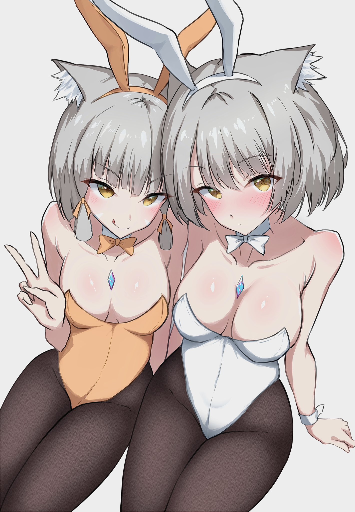 2girls, alluring, alternate costume, blush, blushing, bow, bowtie, bunny ears, bunnysuit, cat ears, catgirl, collar, colored, core crystal, core crystal (xenoblade), cuff links, cute, exposed shoulders, fake animal ears, female only, grey hair, leggings, looking at viewer, medium breasts, mio (xenoblade), monolith soft, mother and daughter, nia, nia (xenoblade), nintendo, okazu2010015, peace sign, small breasts, smiling, smiling at viewer, tagme, tight clothing, tounge, tounge out, xenoblade (series), xenoblade chronicles 2, xenoblade chronicles 3, yellow eyes