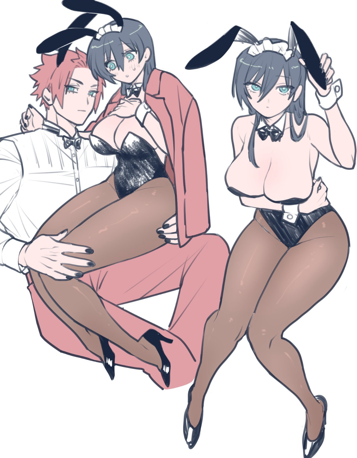 big breasts, blue lock, breasts, bunny ears, curvy female, dominant male, femlock, green hair, incest, itoshi rin, itoshi sae, male/female, orange hair, playboy bunny, rule 63, siblings, sister and brother, sitting on person, submissive female, wide hips