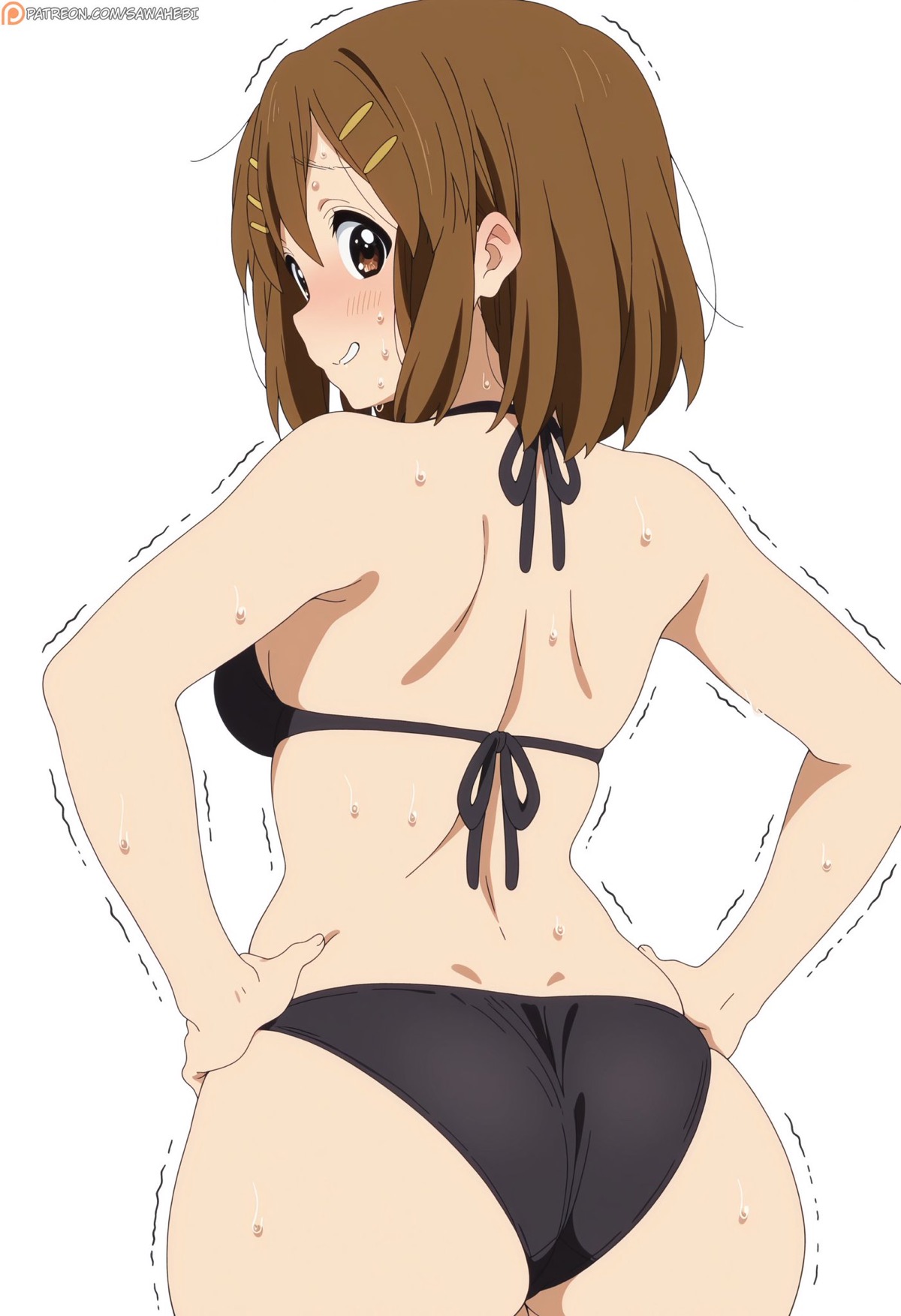 1female, ai assisted, ai generated, anime, ass, ass crack, black bra, black panties, blank background, brown hair, happy expression, k-on!, patreon, posing, sawahebi, white skin, yui hirasawa (k-on!)