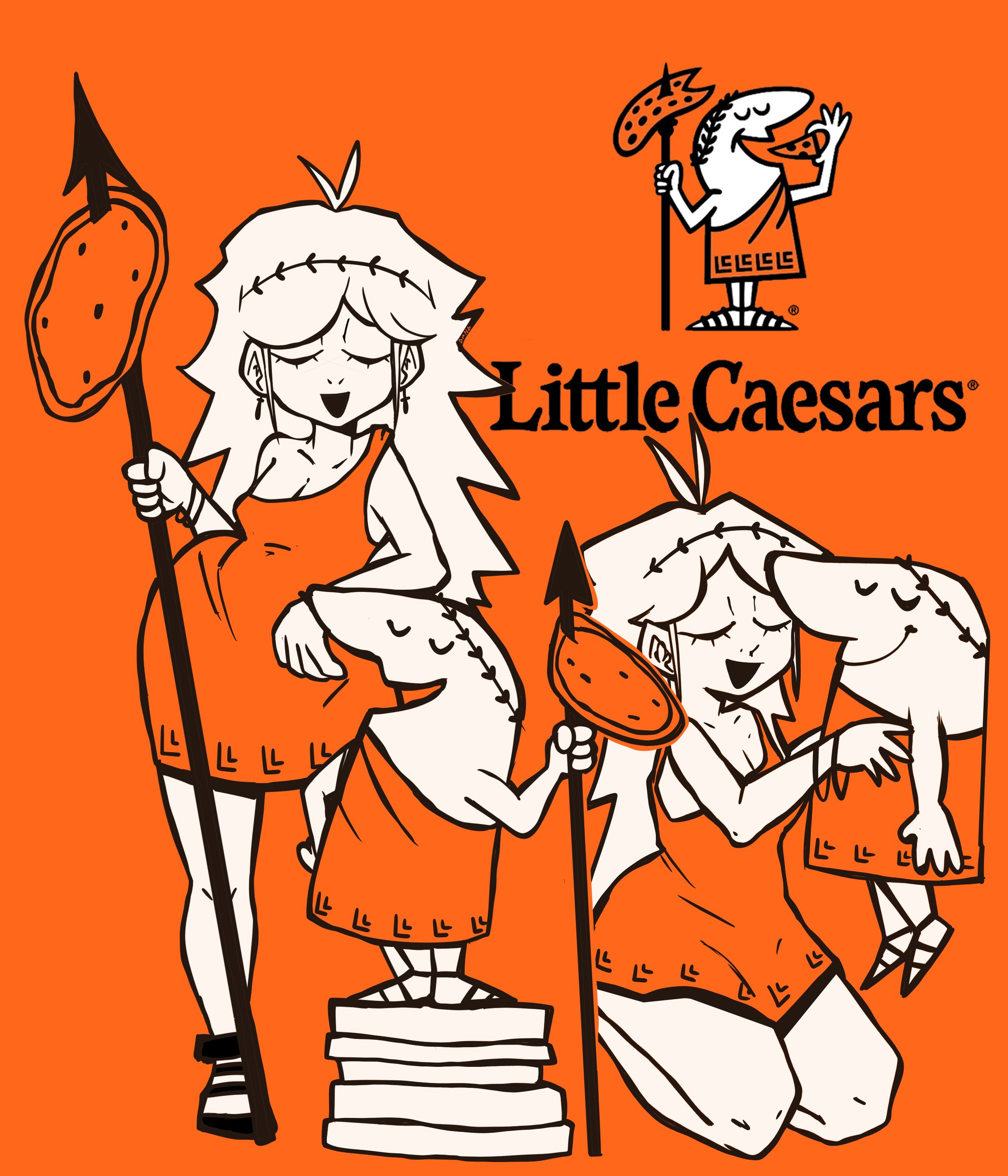 1boy, 1girls, big cleopatra, closed eyes, dangitdanger, english text, female, holding spear, holding weapon, laurel crown, laurel wreath, limited palette, little caesar, little caesars, male, open mouth, orange clothing, orange dress, orange theme, pizza, shorter male, spear, taller female, toga, weapon, white hair, white skin