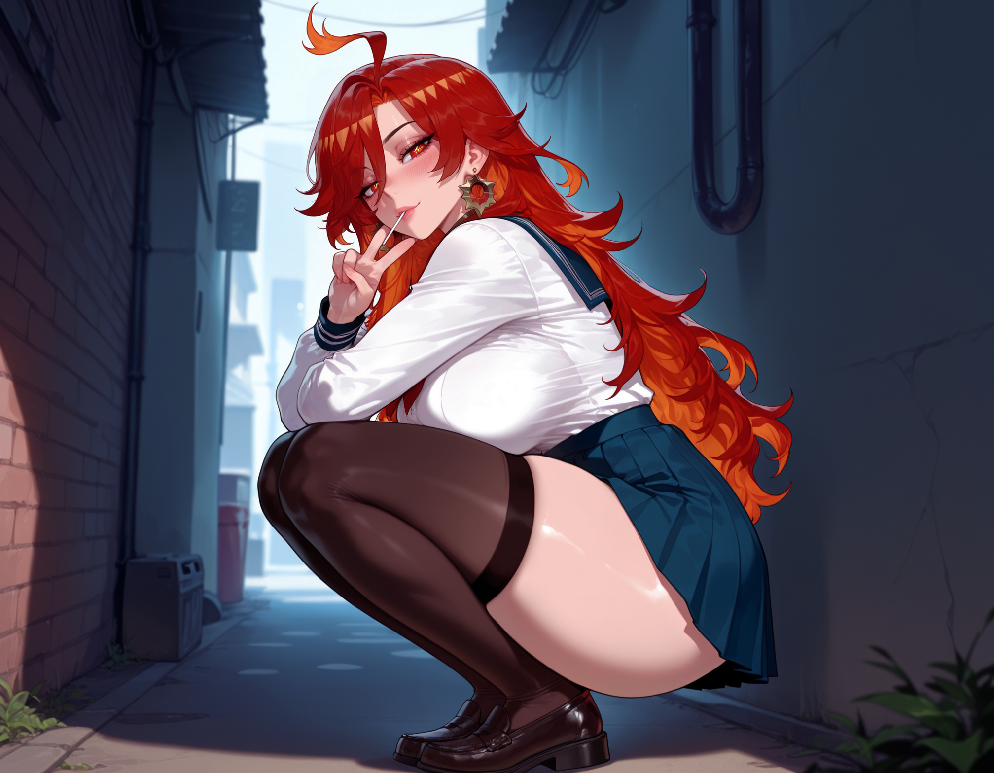 1girls, ahoge, ai generated, alley, ass, balecxi, bangs, black footwear, black legwear, black thighhighs, blue sailor collar, blue skirt, blush, breasts, brown footwear, brown thighhighs, cigarette, closed mouth, clothing, curvaceous, curvaceous female, curvaceous figure, curvy, curvy figure, day, earrings, female, female focus, female only, footwear, from side, full body, genshin impact, hair between eyes, inviting, inviting to sex, jewelry, large breasts, legwear, lips, loafers, lollipop, long hair, long sleeves, looking at viewer, mavuika (genshin impact), miniskirt, multicolored hair, nail polish, orange hair, outdoors, pink nails, pleated skirt, presenting, presenting ass, presenting breasts, presenting hindquarters, presenting self, red eyes, red hair, red nails, sailor collar, school uniform, seductive, seductive look, seductive smile, serafuku, shirt, shirt tucked in, shoes, skindentation, skirt, smile, solo, squatting, thick thighs, thighhighs, thighs, tiptoes, trash can, uncensored, uniform, v, voluptuous, voluptuous female, white shirt